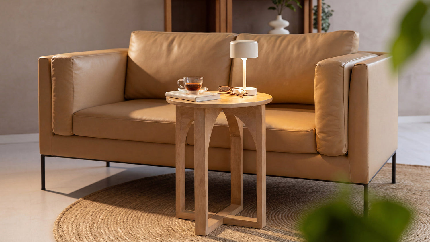 Modern end tables UK styling idea beside a sofa with a lamp