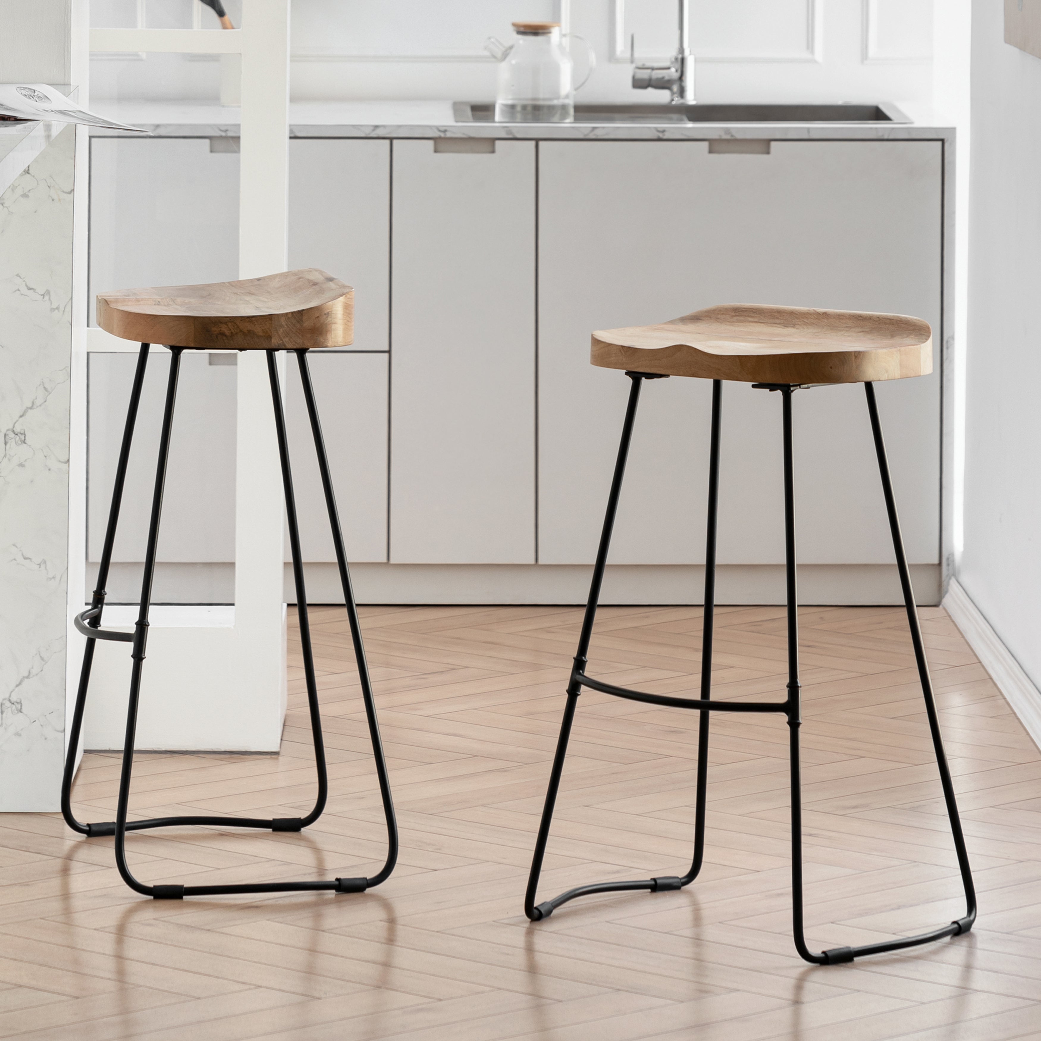 Lara Saddle Seat Mango Wood Bar Stools Set of 2 - Natural
