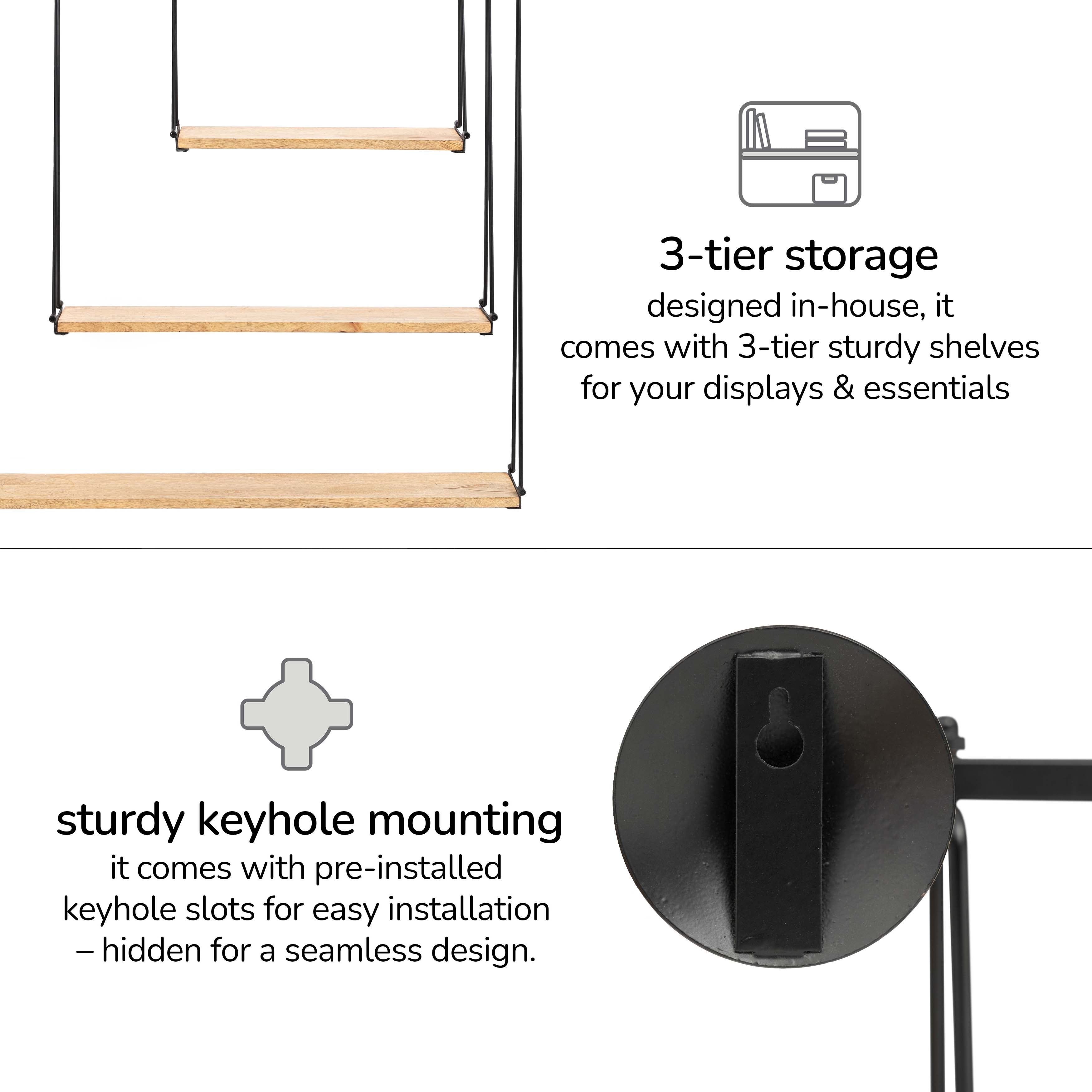 Luna 3 Tier Wall Mounted Shelves - Black