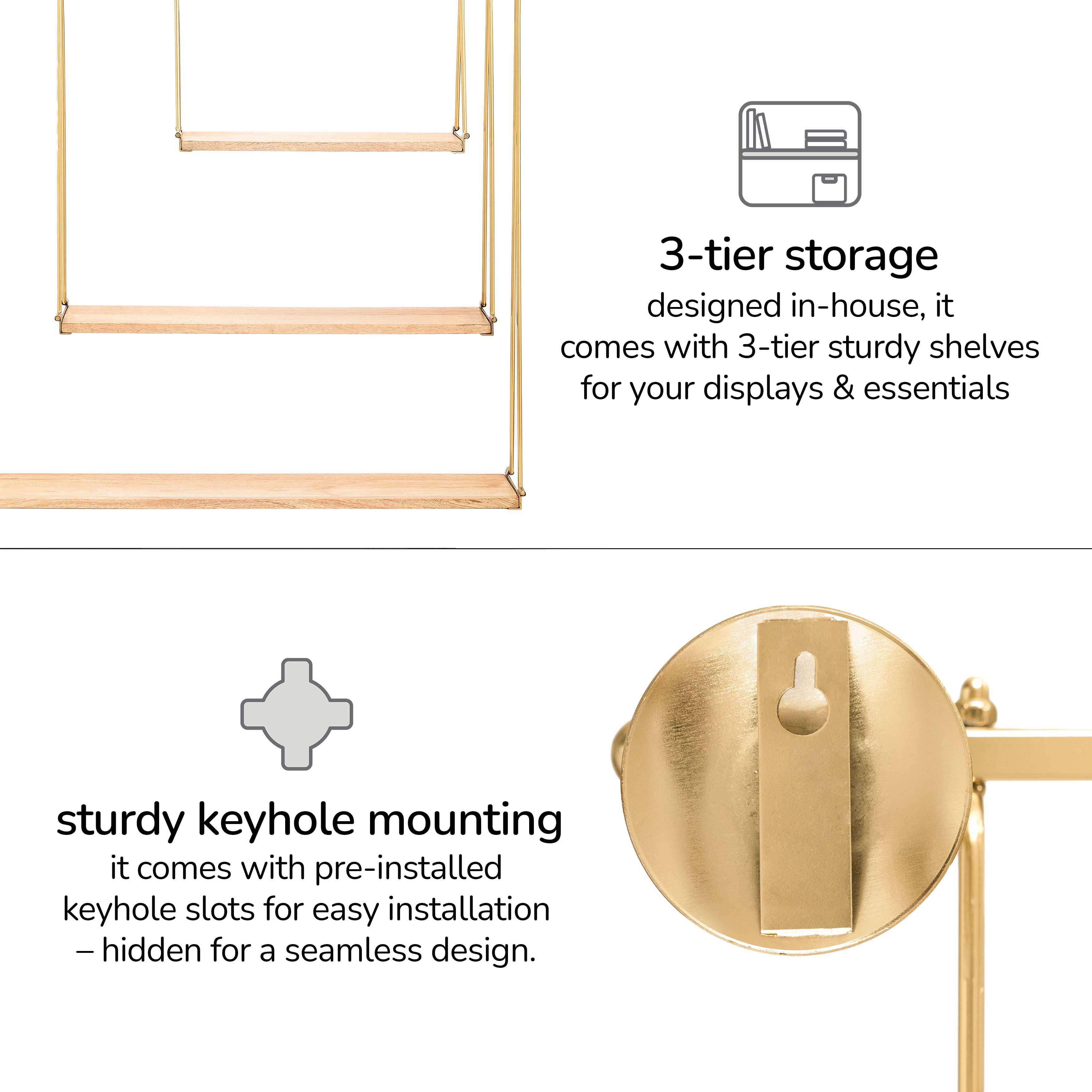 Luna 3 Tier Wall Mounted Shelves - Gold