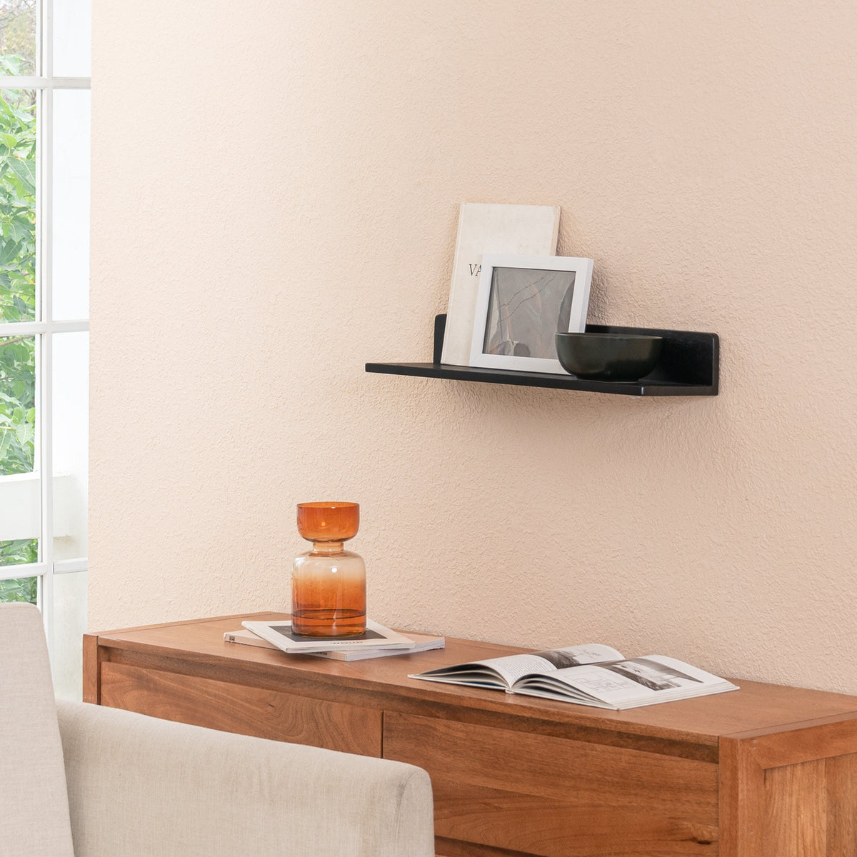 Yung Solid Wood Wall Mounted Black Shelves - Small