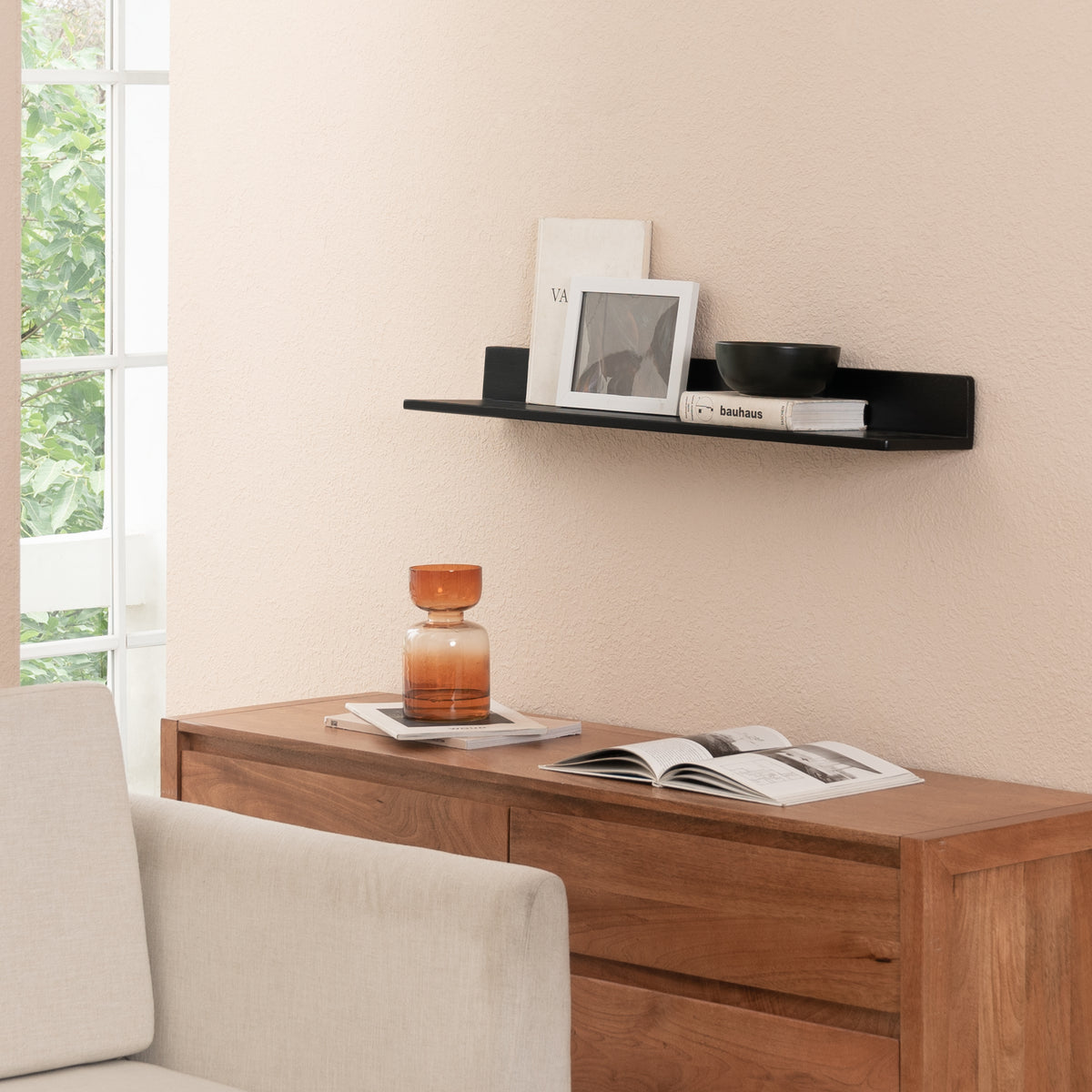 Yung Solid Wood Wall Mounted Black Shelf - Large