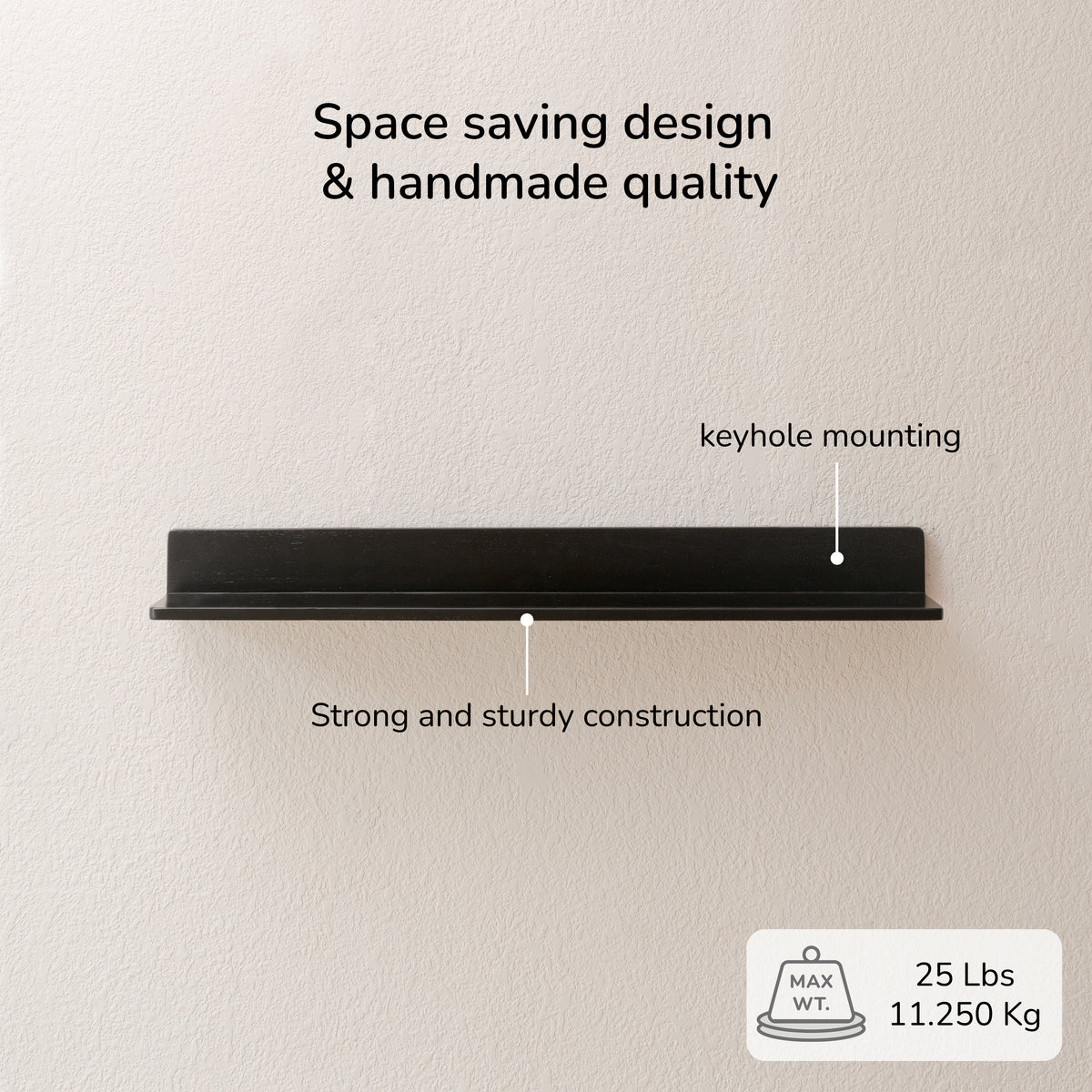 Yung Solid Wood Wall Mounted Black Shelf - Large