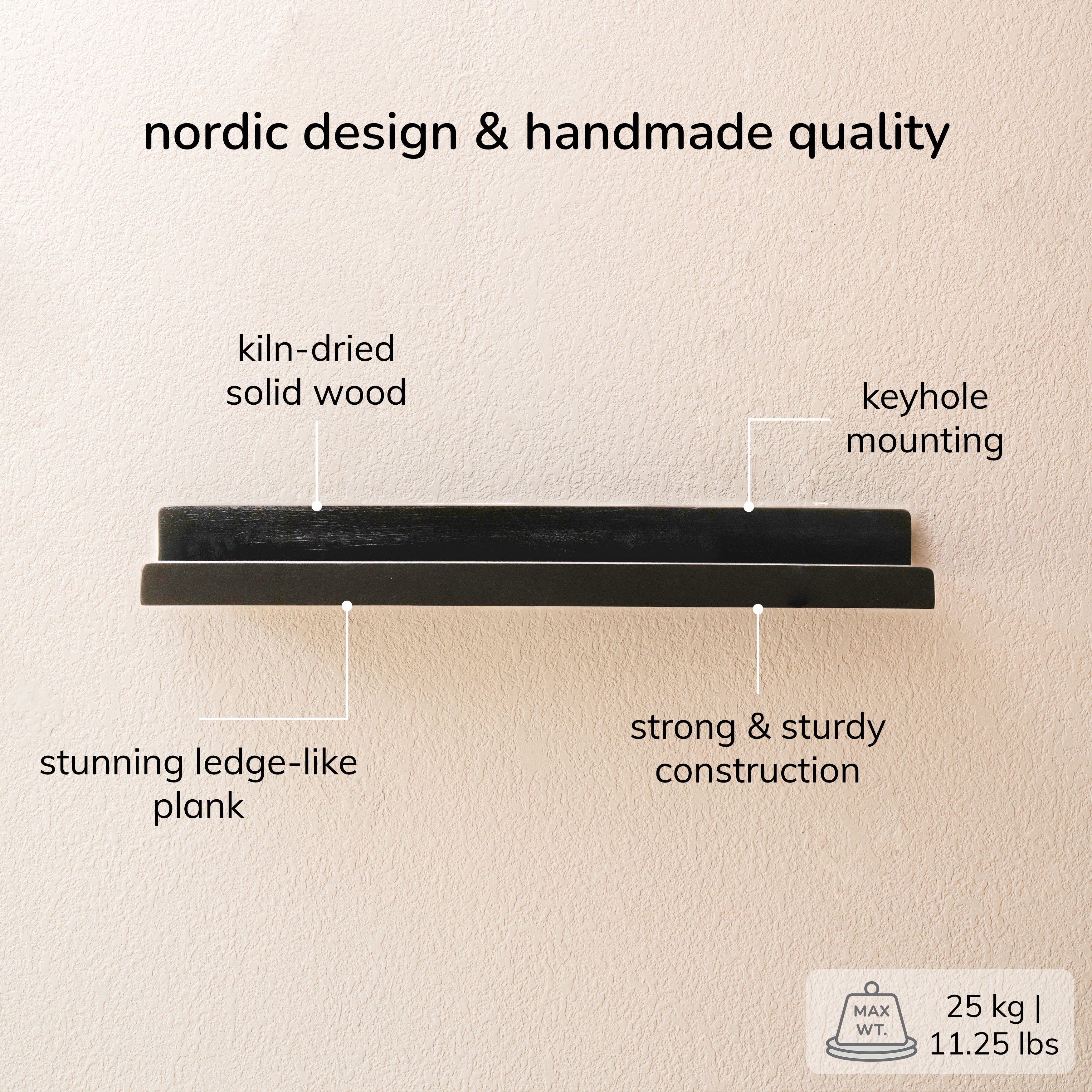 Max Solid Wood Wall Mounted Black Shelves - Large