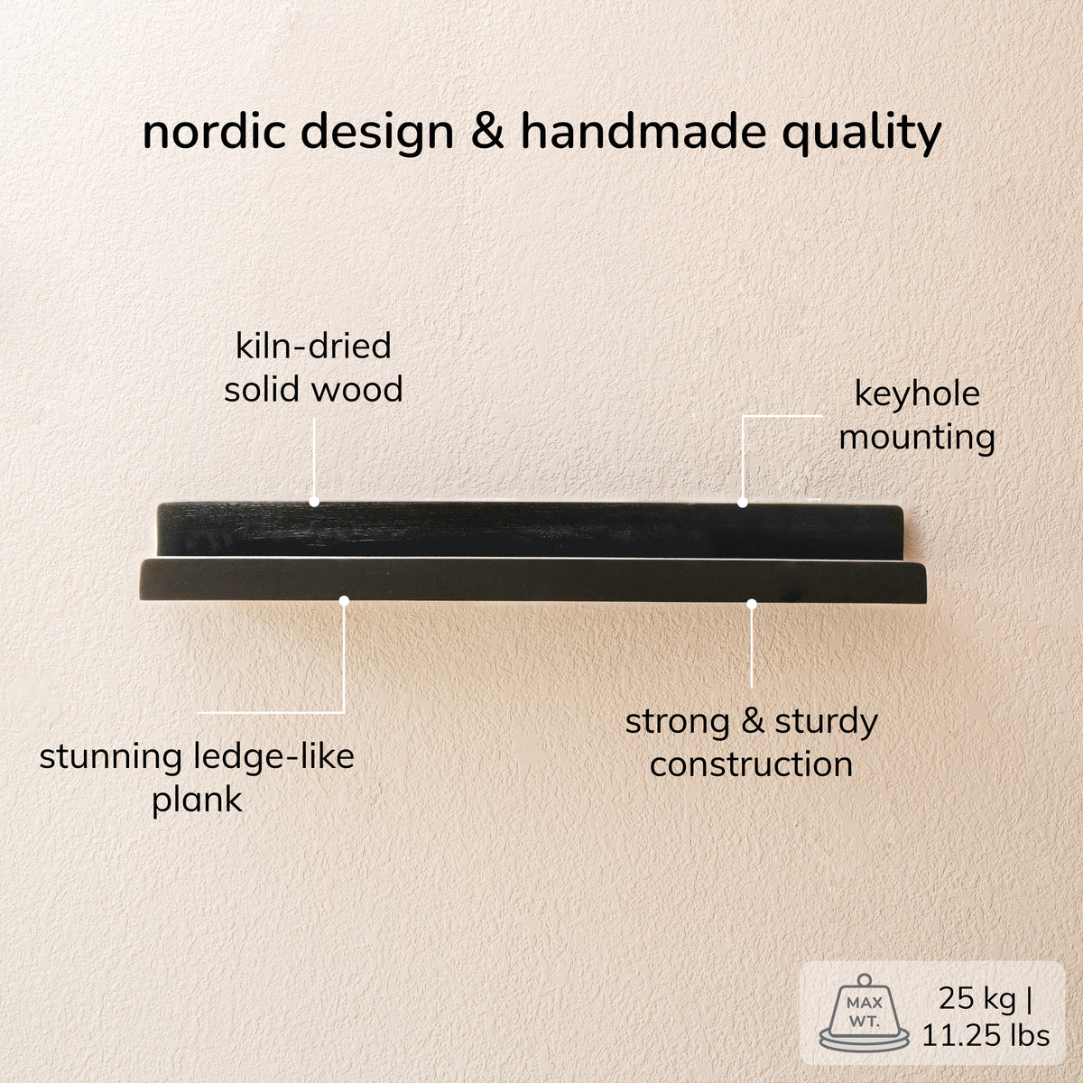 Max Solid Wood Wall Mounted Black Shelf - Large