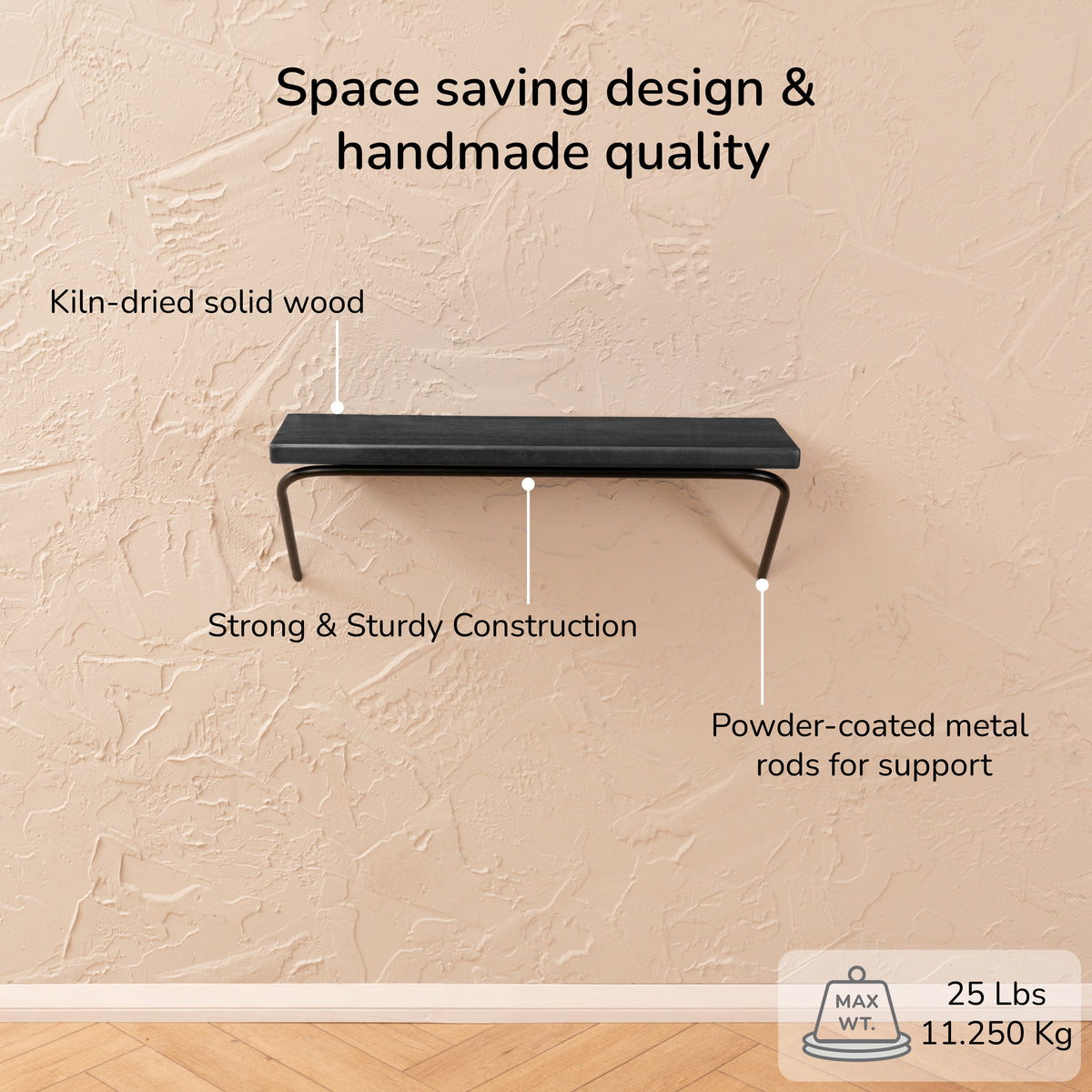 Venice Solid Wood & Iron Black Shelf- Small