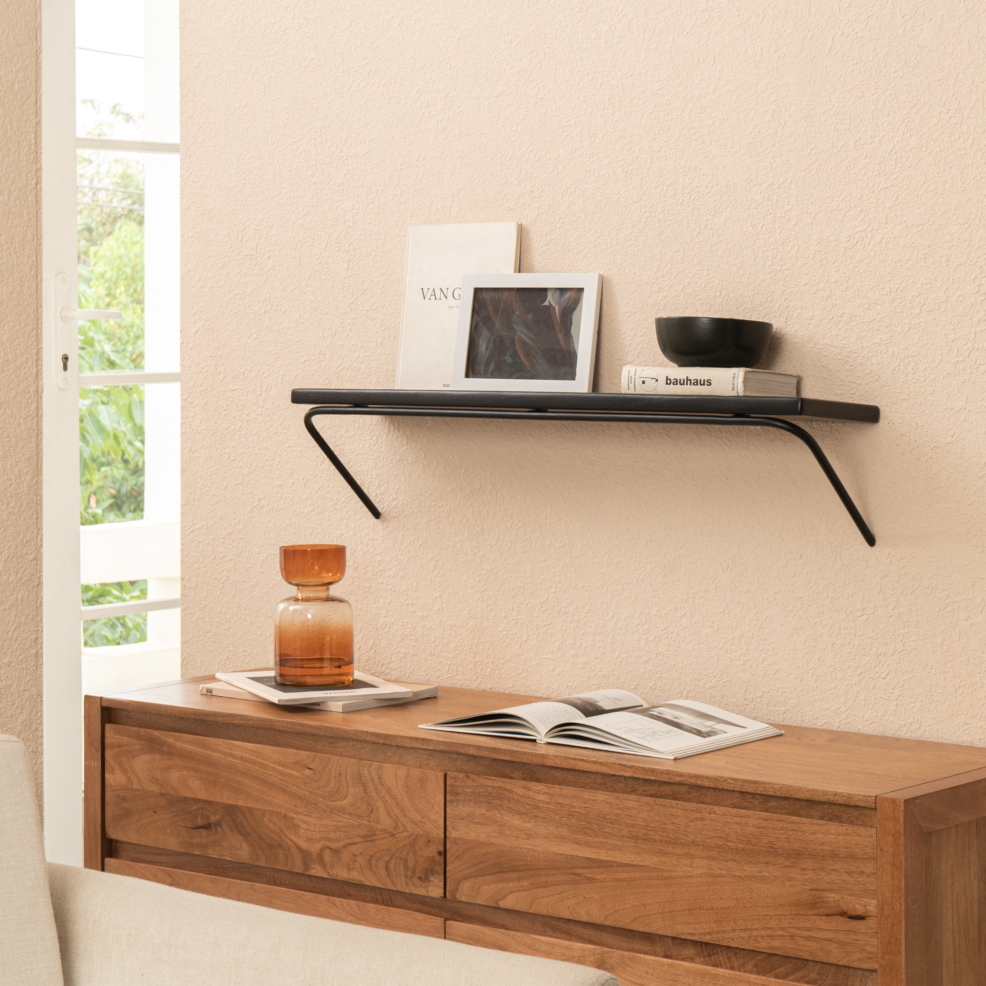 Venice Solid Wood & Iron Black Shelves - Large