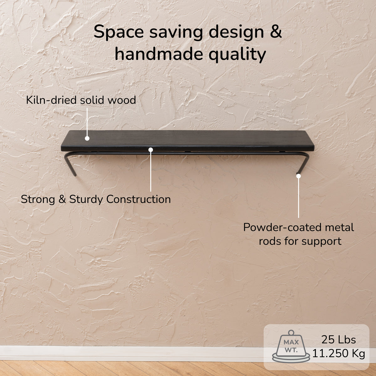 Venice Solid Wood & Iron Black Shelf - Large