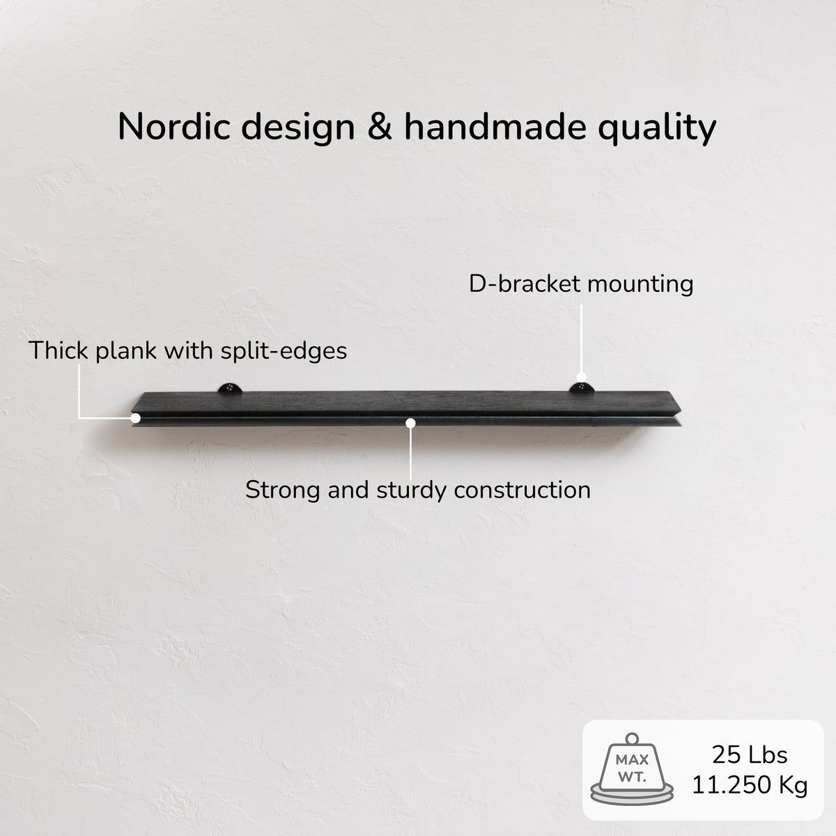 Hamish Solid Wood Black Wall Mounted Shelves - Large