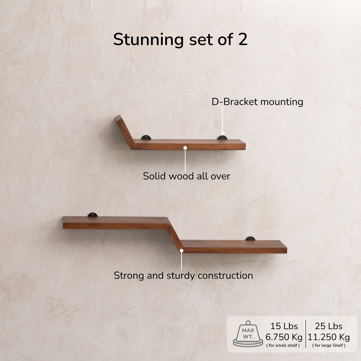 Penny Set of 2 Solid Wood Wall Mounted Shelves - Walnut