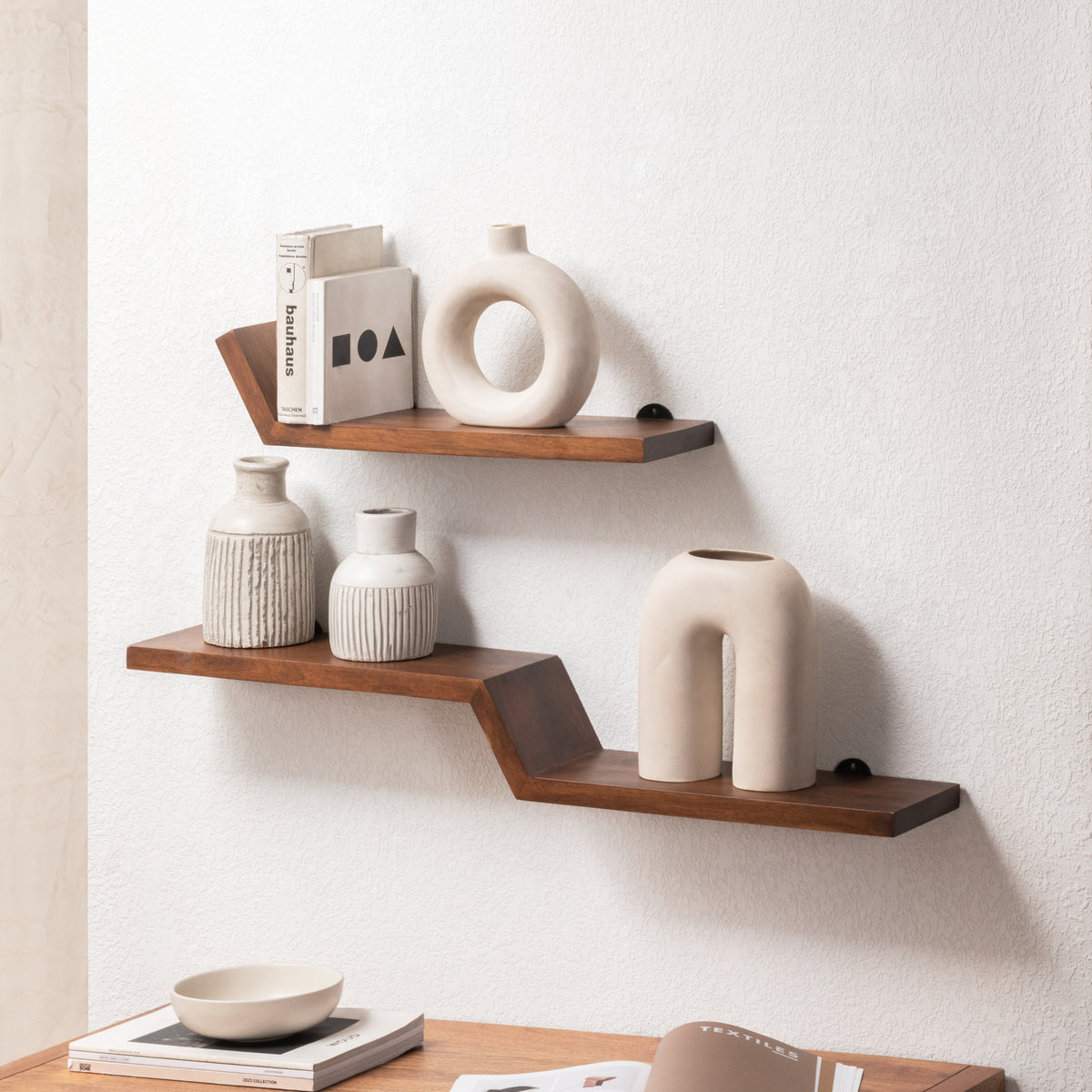 Penny Set of 2 Solid Wood Wall Mounted Shelves - Walnut