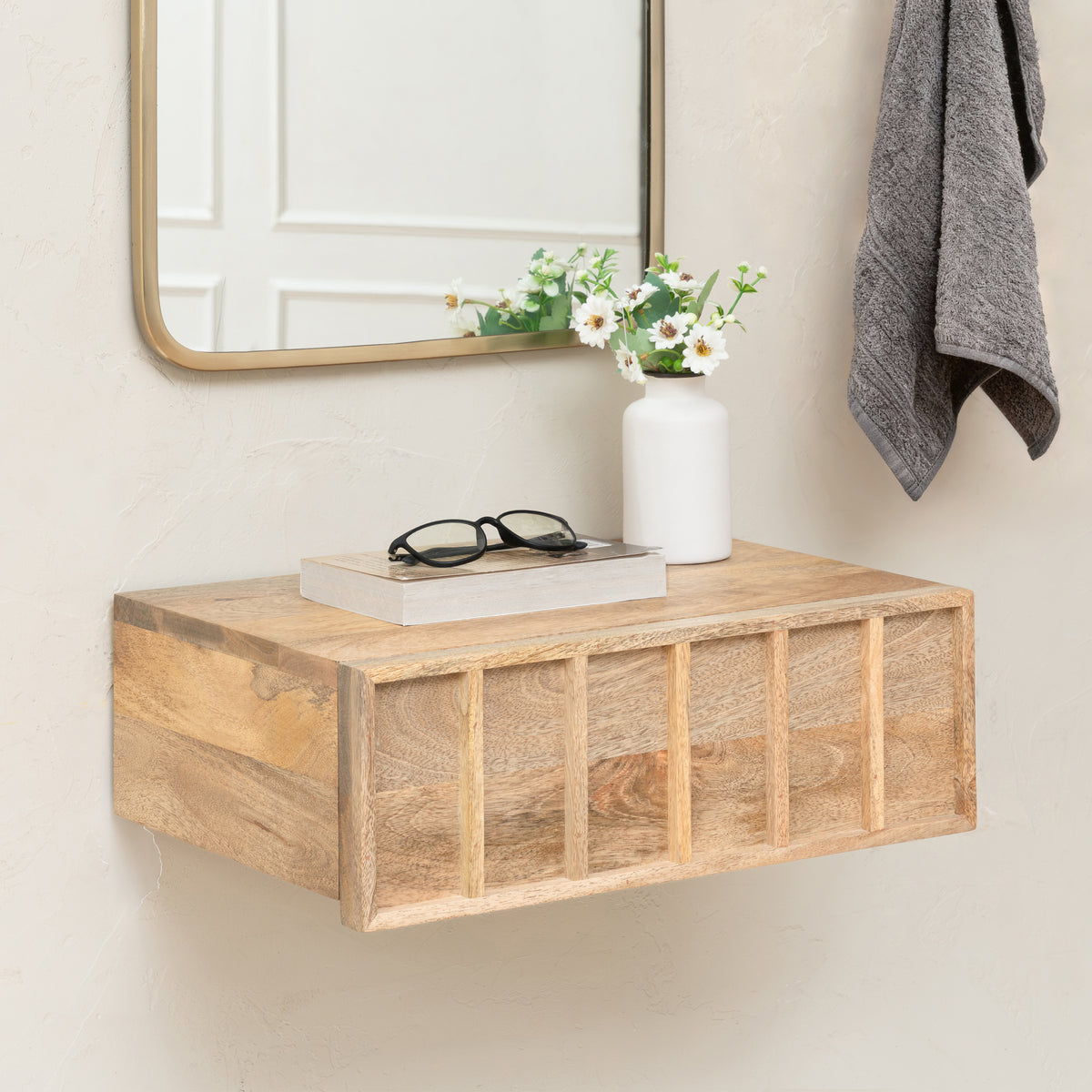 Arlo Solid Wood Floating Shelf with Drawer - Natural