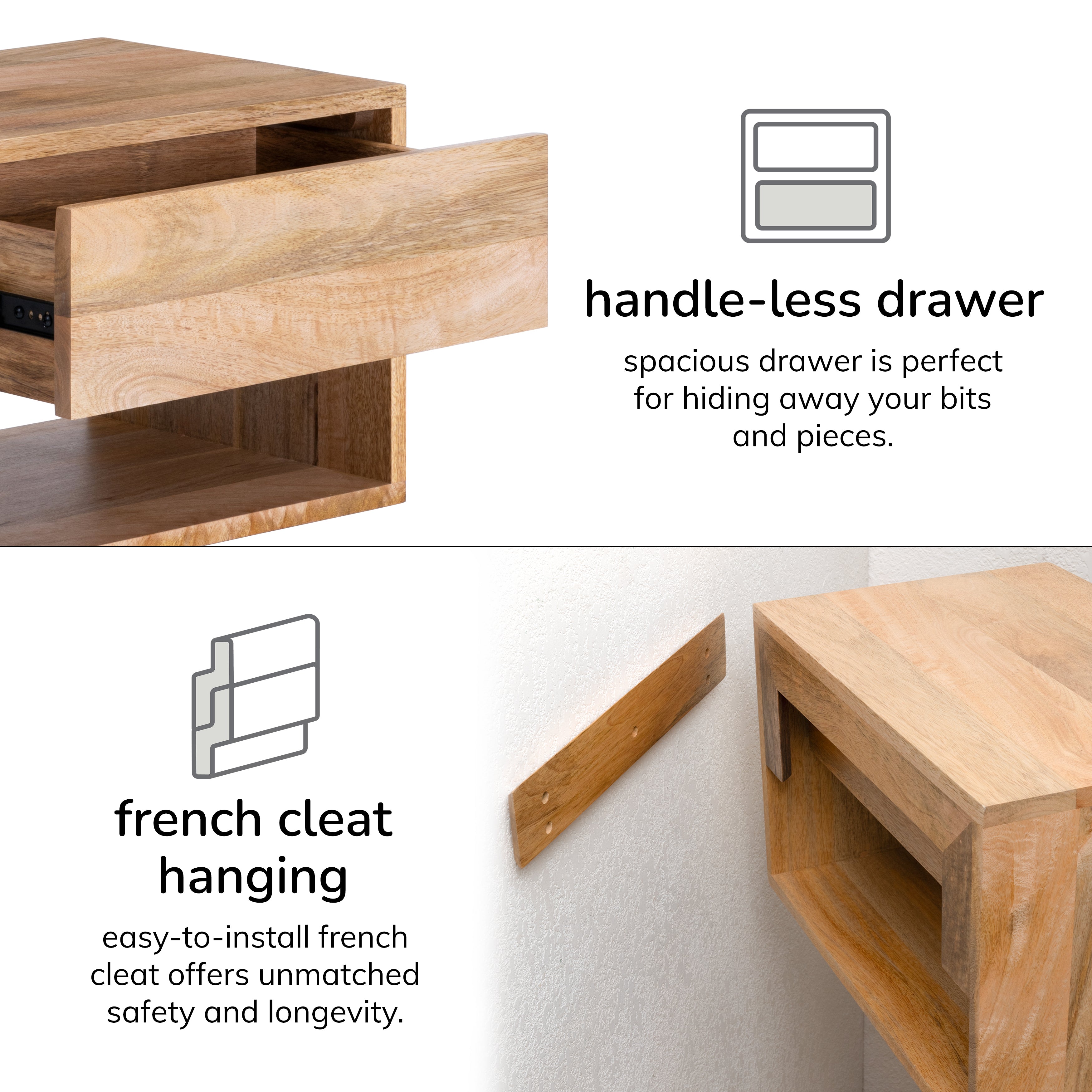 Idris Solid Wood Floating Nightstand- Natural