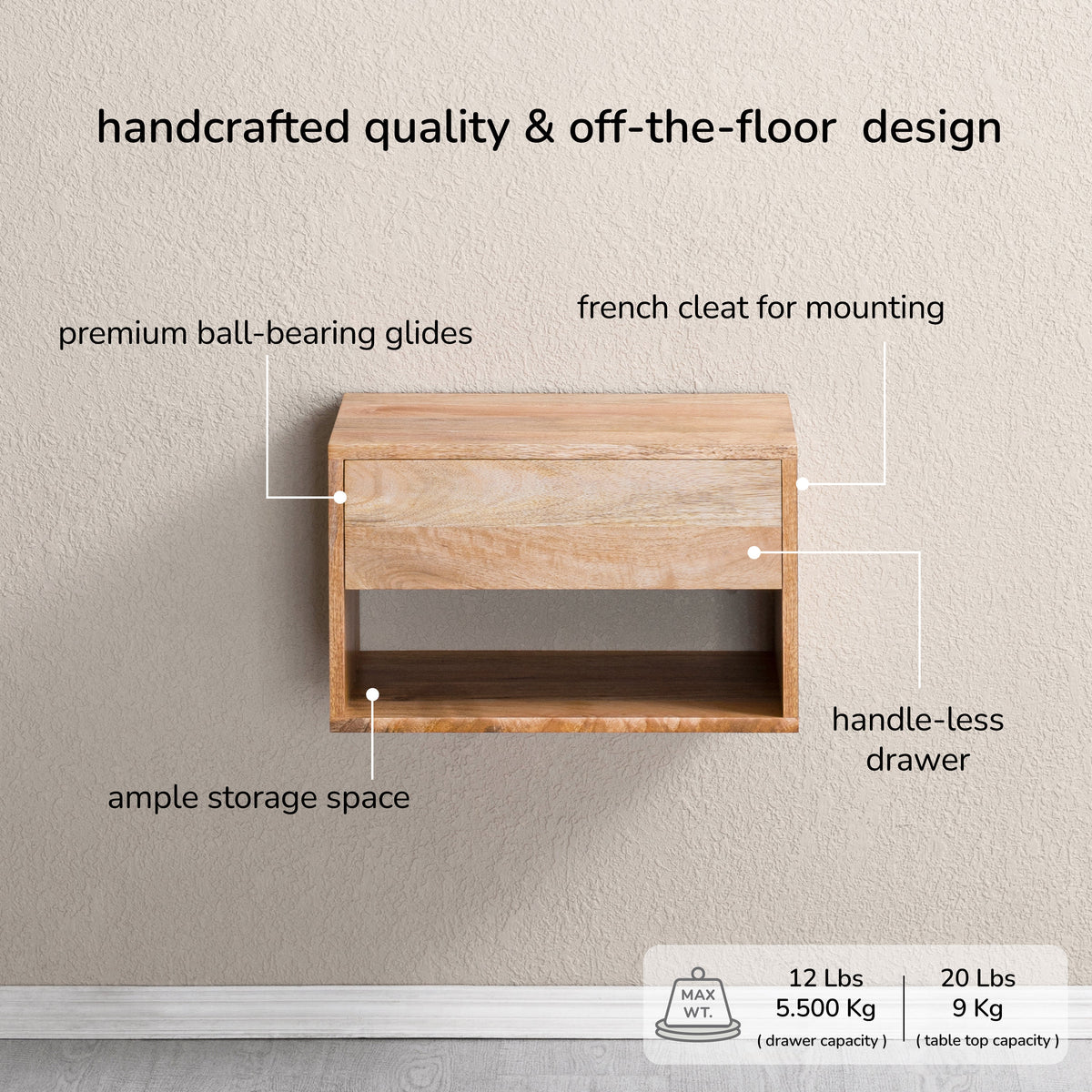 Idris Solid Wood Floating Nightstand- Natural