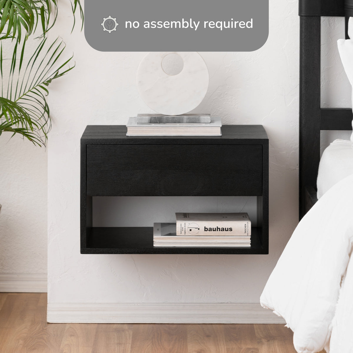 Idris Solid Wood Floating Nightstand- Black