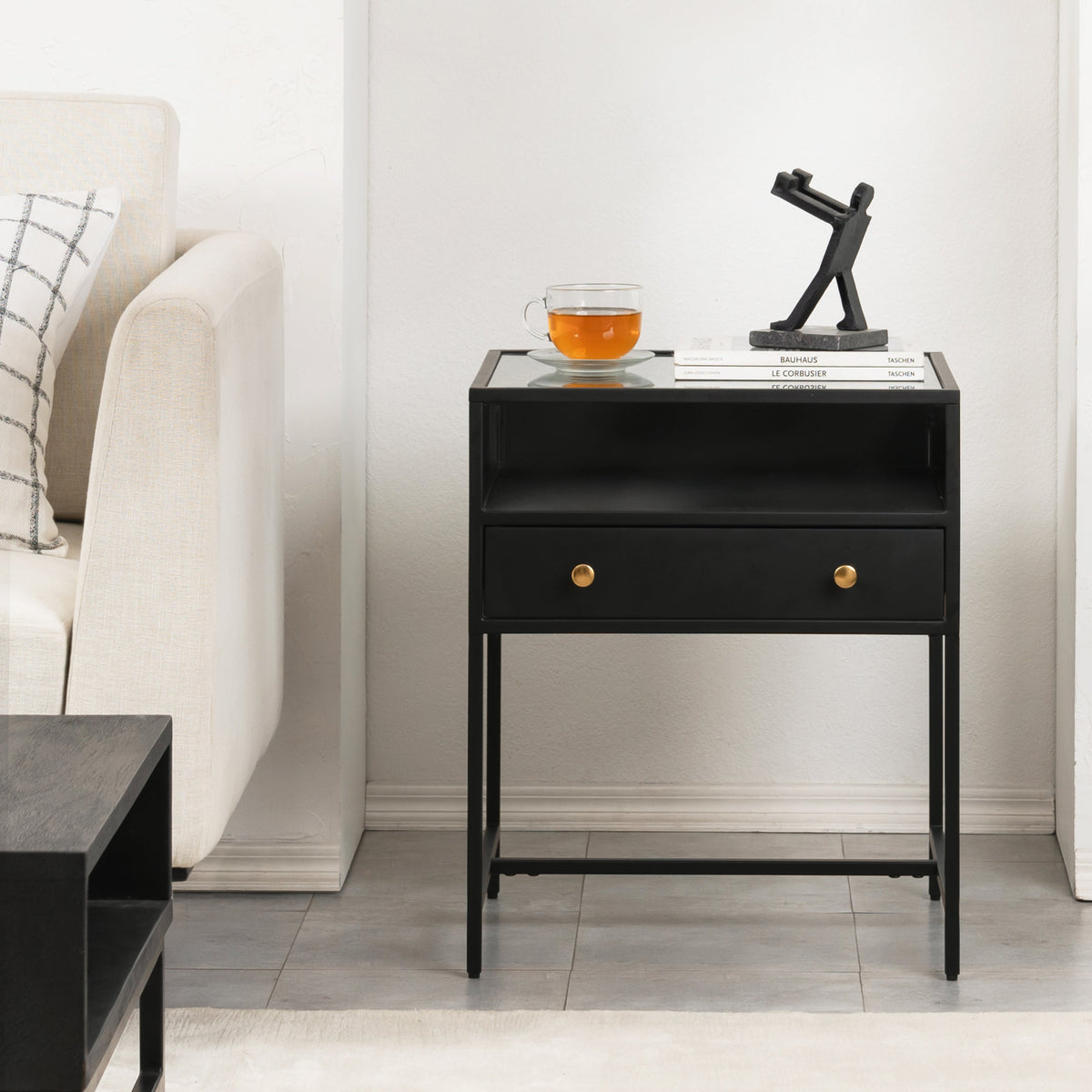 Hale Metal & Glass Black Nightstand