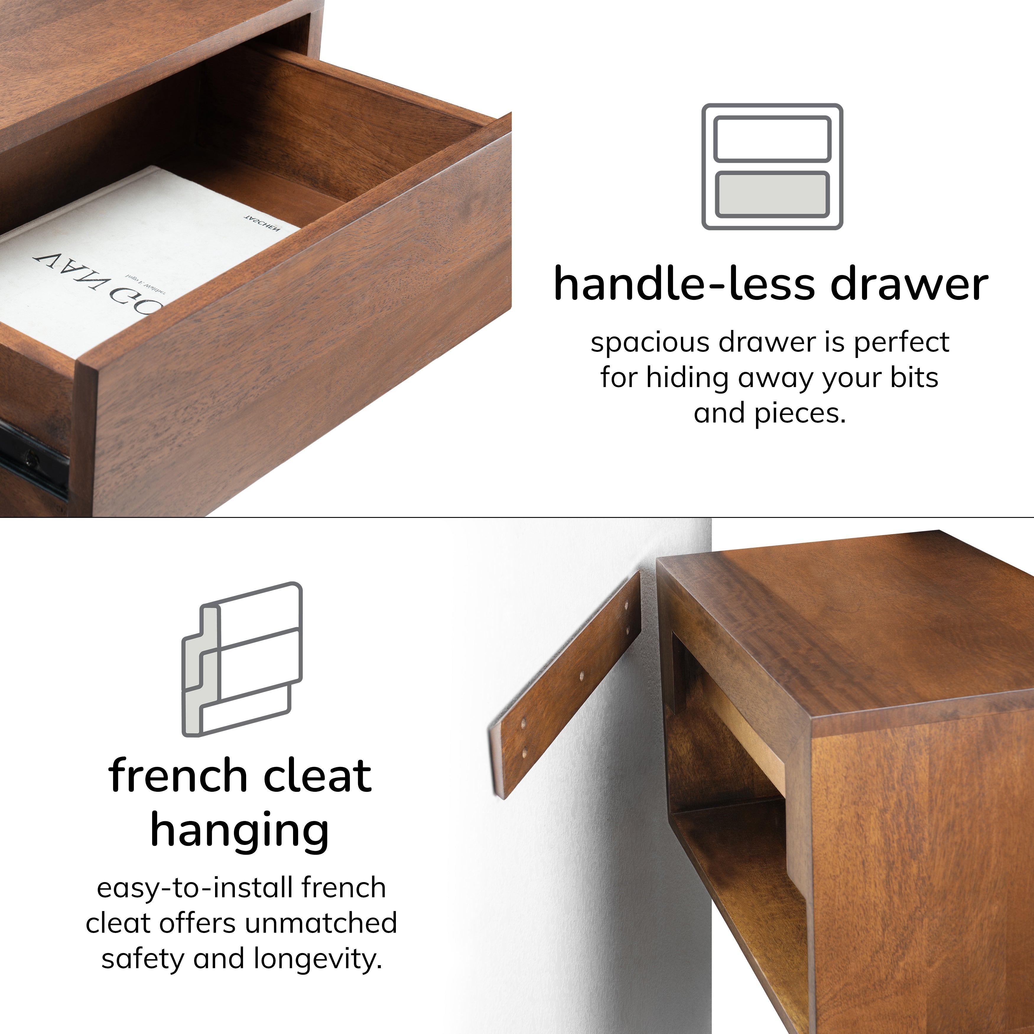 Idris Solid Wood Floating Nightstand- Walnut
