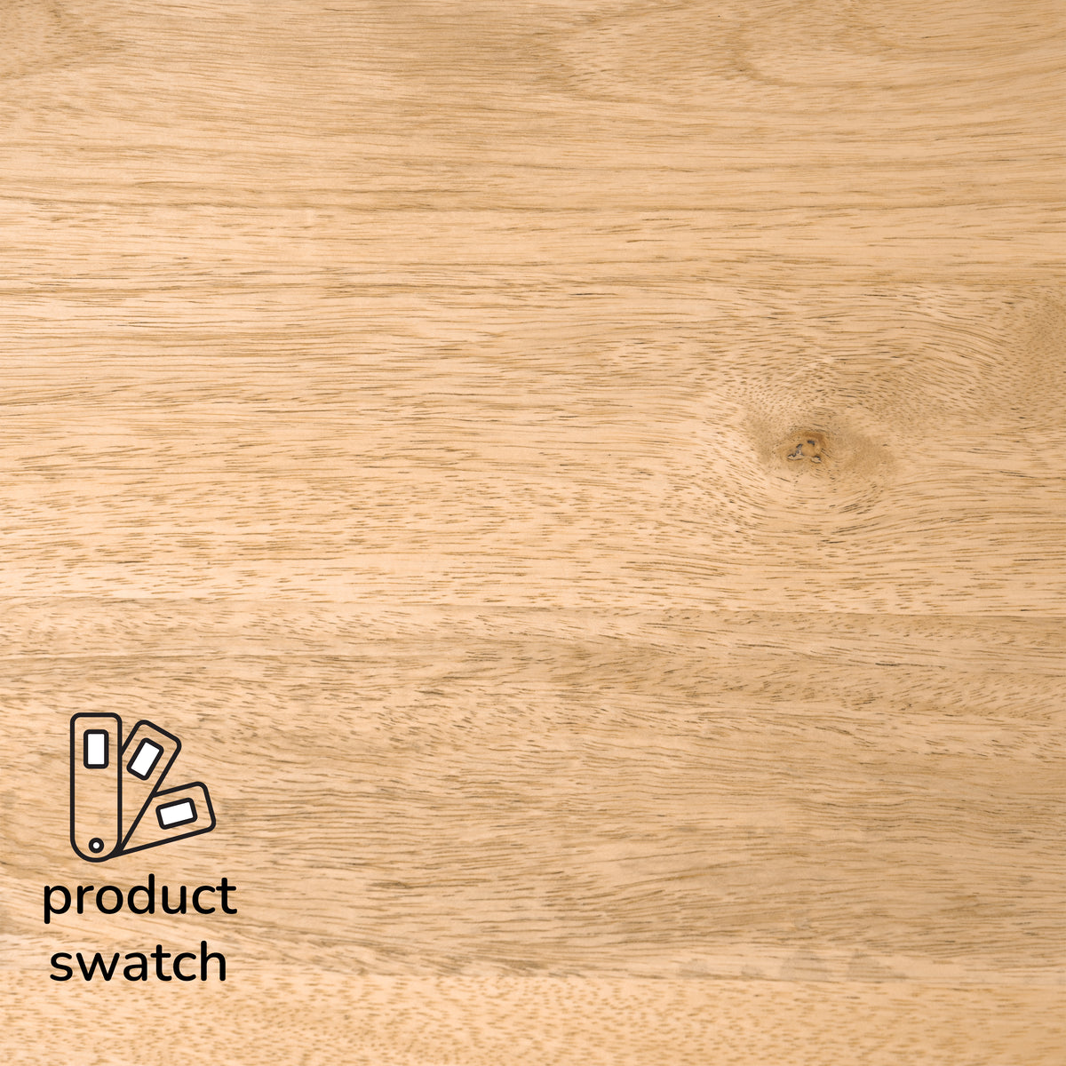 Close-up of a wooden surface with a product swatch label.
