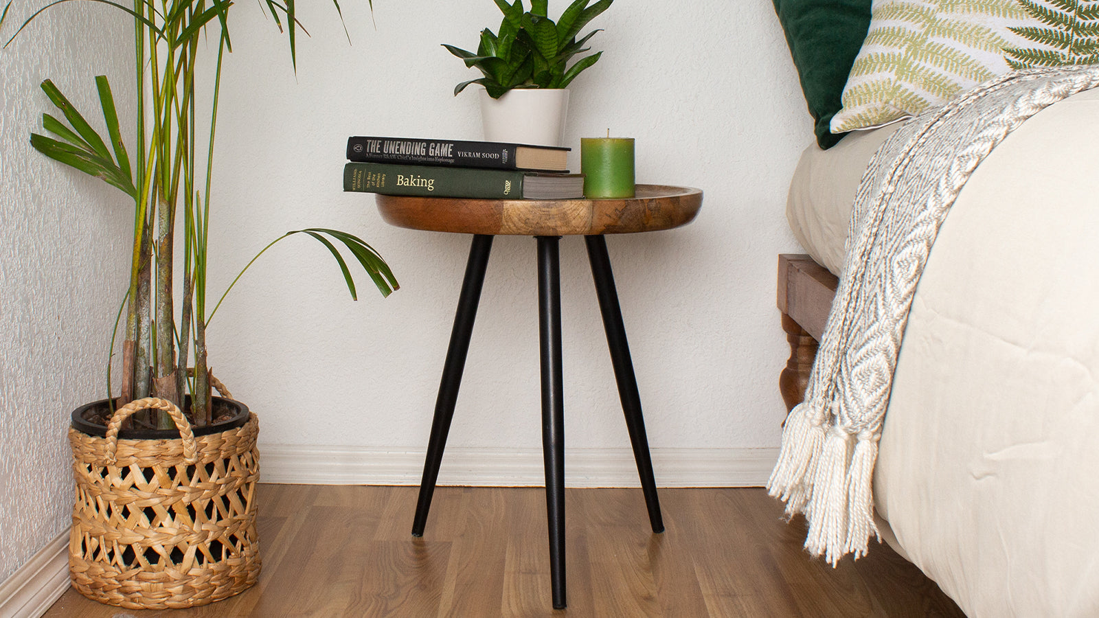 Wood and metal end tables styled in a modern UK living room