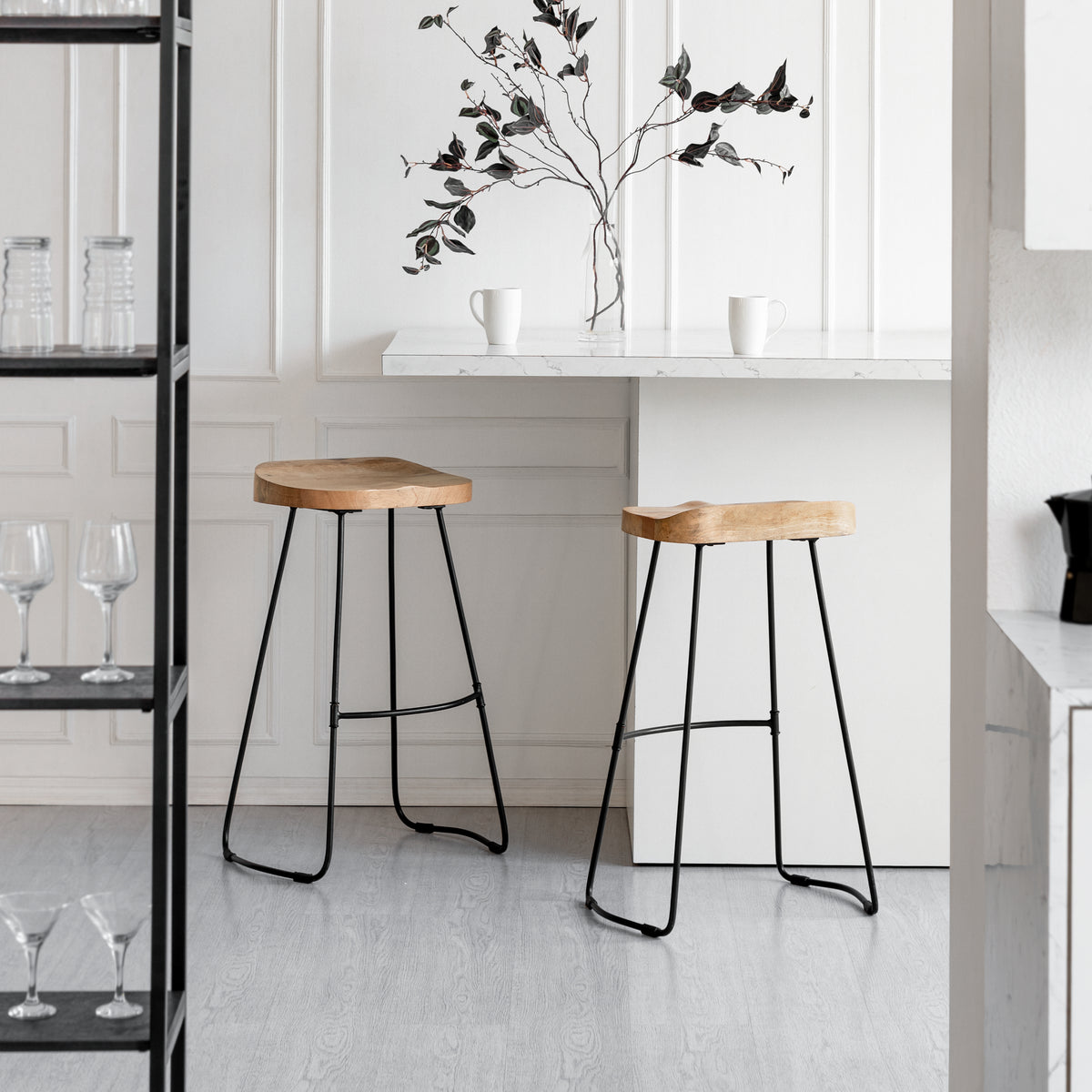 Lara Saddle Seat Mango Wood Bar Stools Set of 2 - Natural