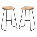 Two natural wooden stools with black metal legs on a white background