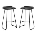 Two black bar stools with wooden seats on a white background