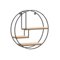 A wall-mounted shelving unit with a black metal frame and wooden shelves in round shape.