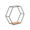 A wall-mounted shelf with a black geometric frame and a wooden shelf, designed to be mounted on a wall.