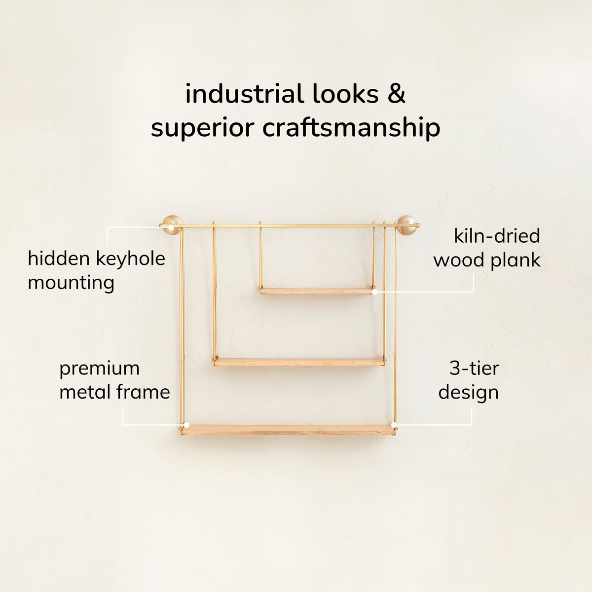 Luna 3 Tier Wall Mounted Shelves - Gold