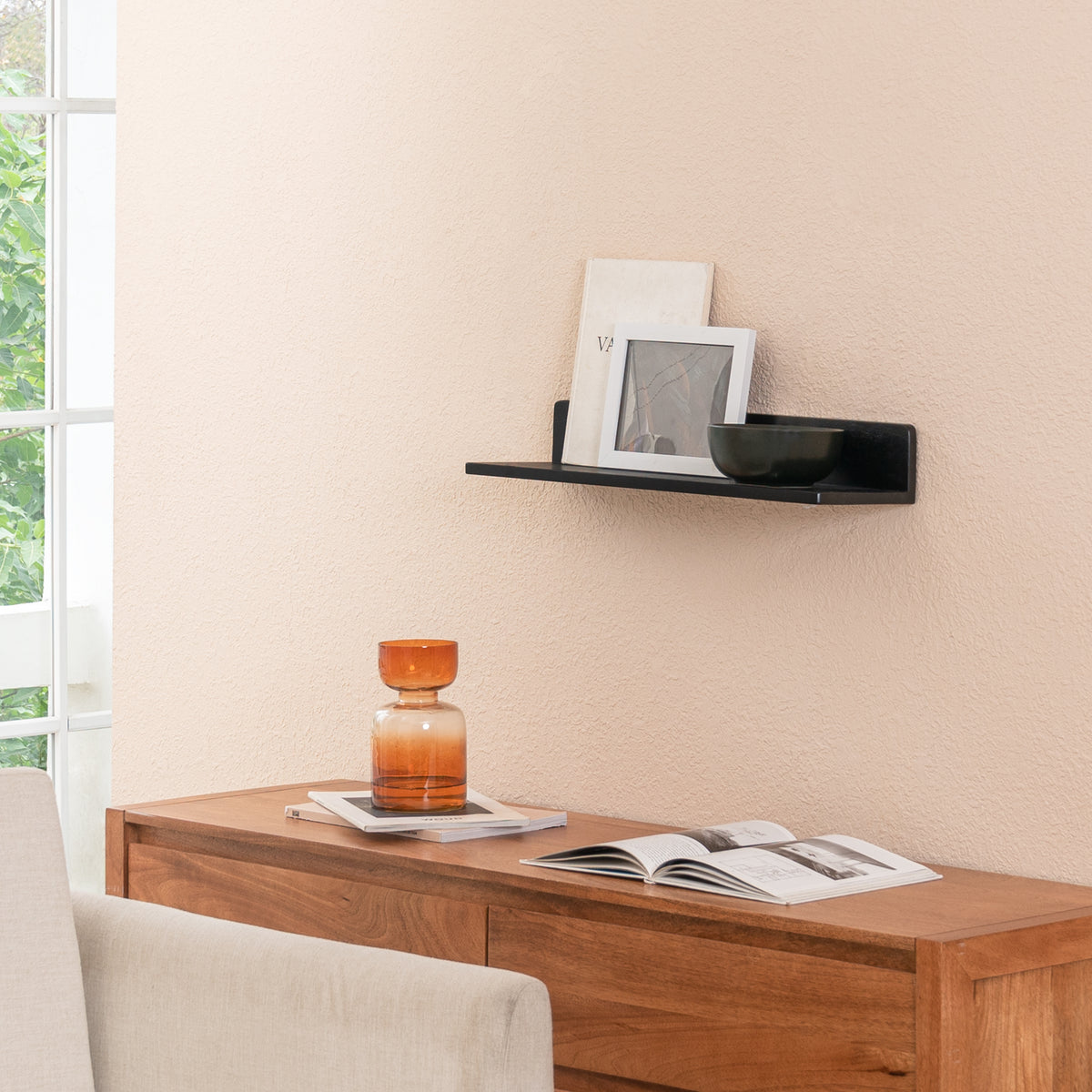 Yung Solid Wood Wall Mounted Black Shelf - Small