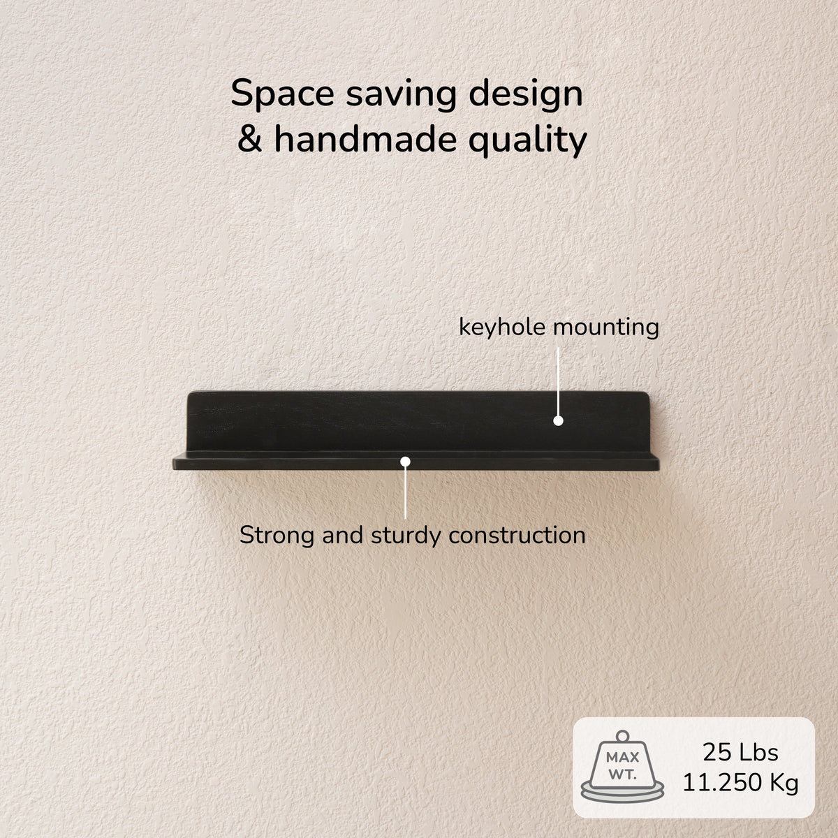 Yung Solid Wood Wall Mounted Black Shelf - Small