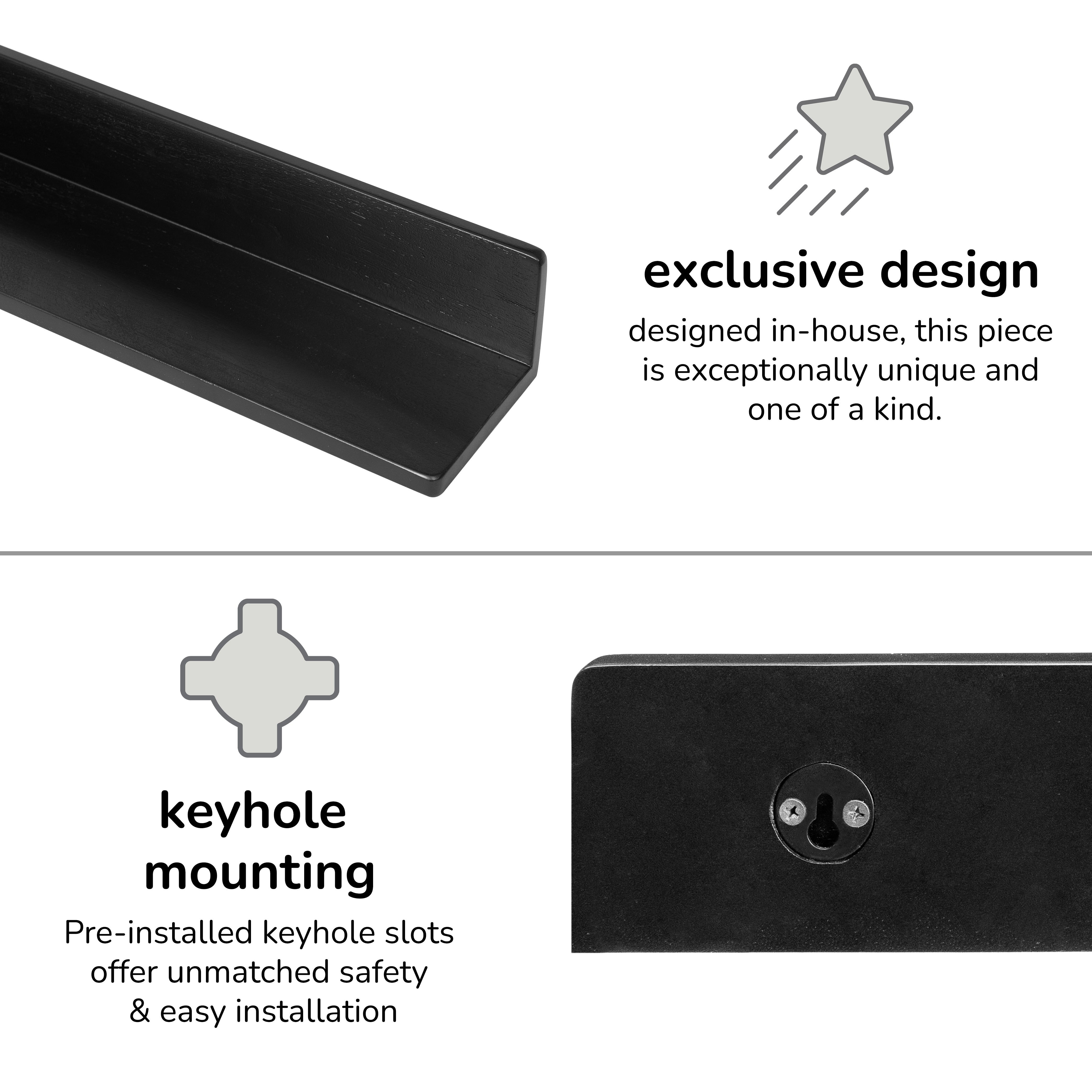 Yung Solid Wood Wall Mounted Black Shelf - Large