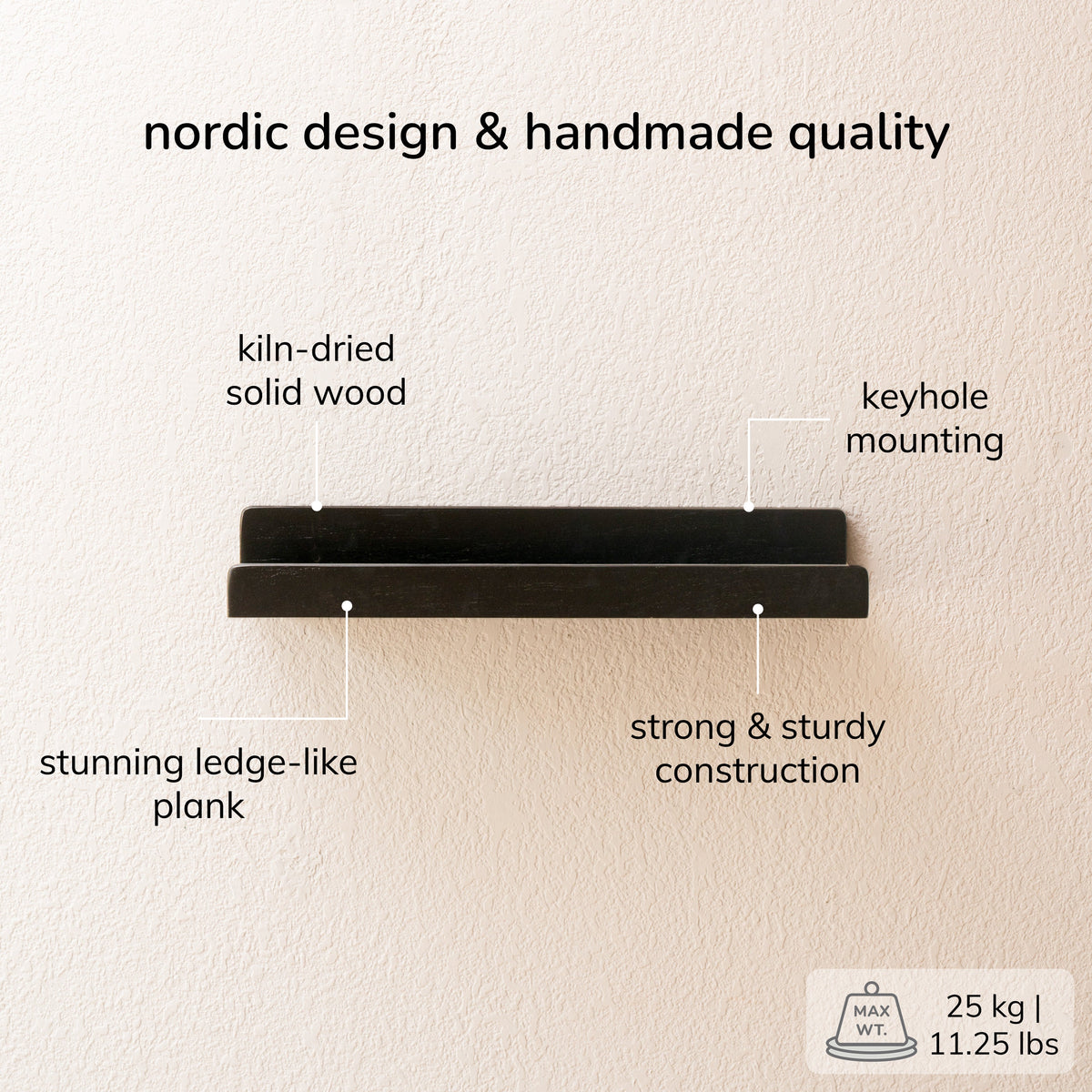 Max Solid Wood Wall Mounted Black Shelves - Small