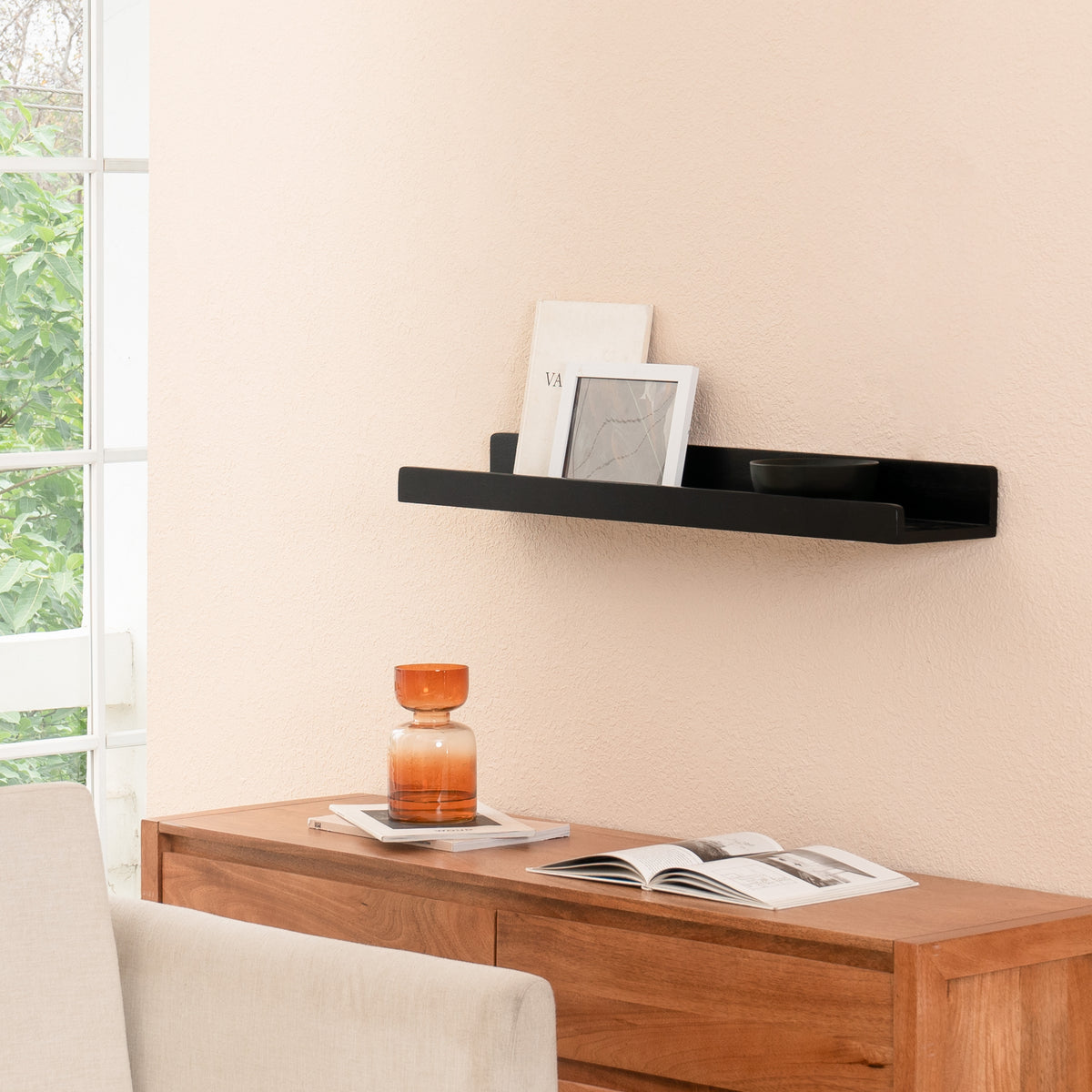 Max Solid Wood Wall Mounted Black Shelf - Large