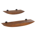 A set of two wall-mounted walnut floating shelves with a curved design and black spherical supports