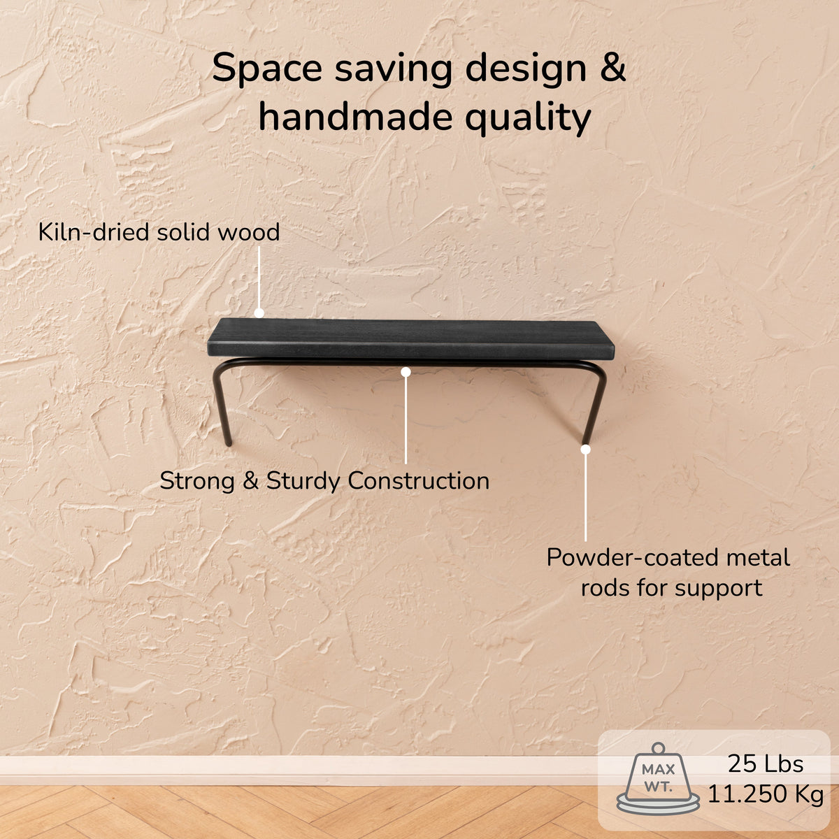 Venice Solid Wood & Iron Black Shelves - Small