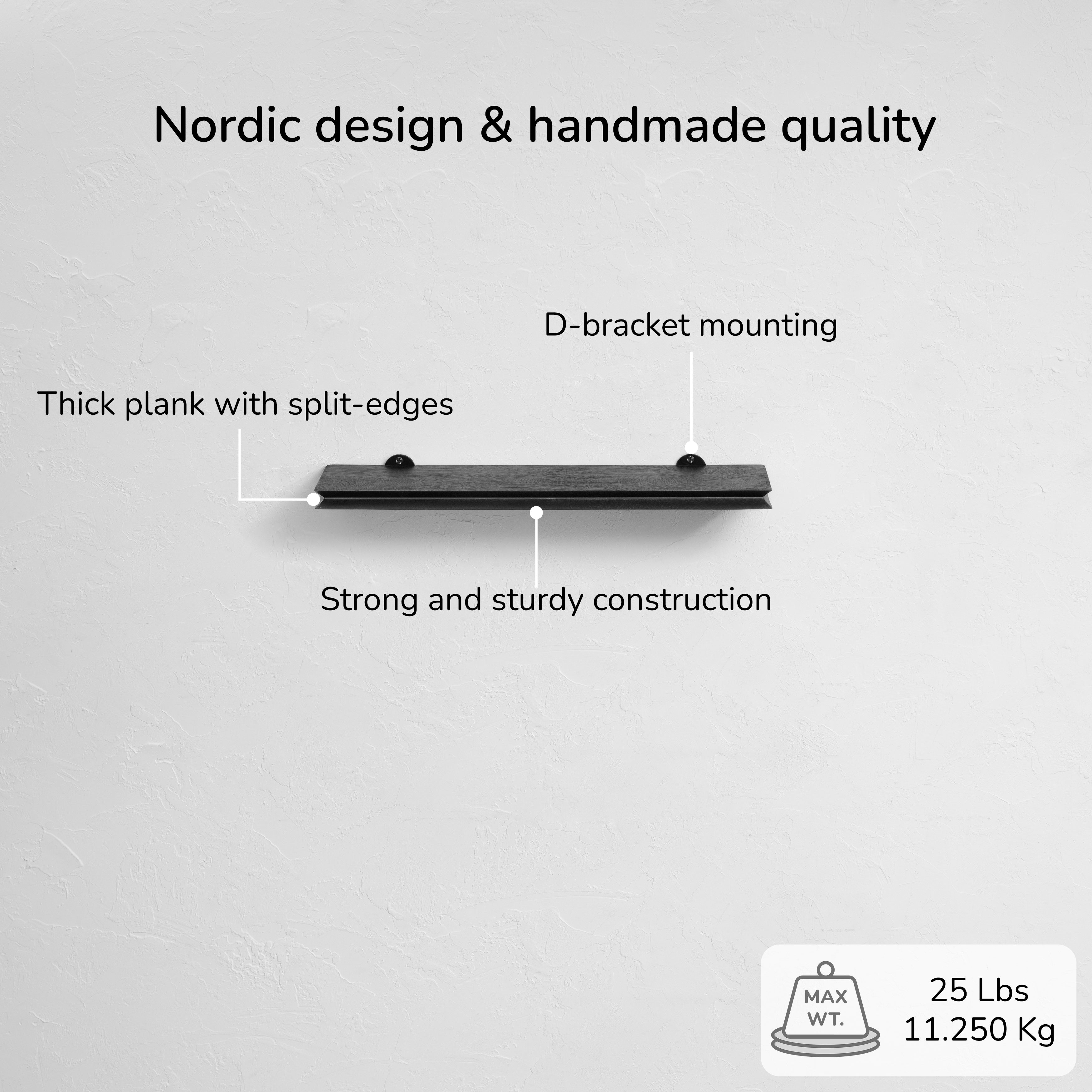 Hamish Solid Wood Black Wall Mounted Shelf - Small