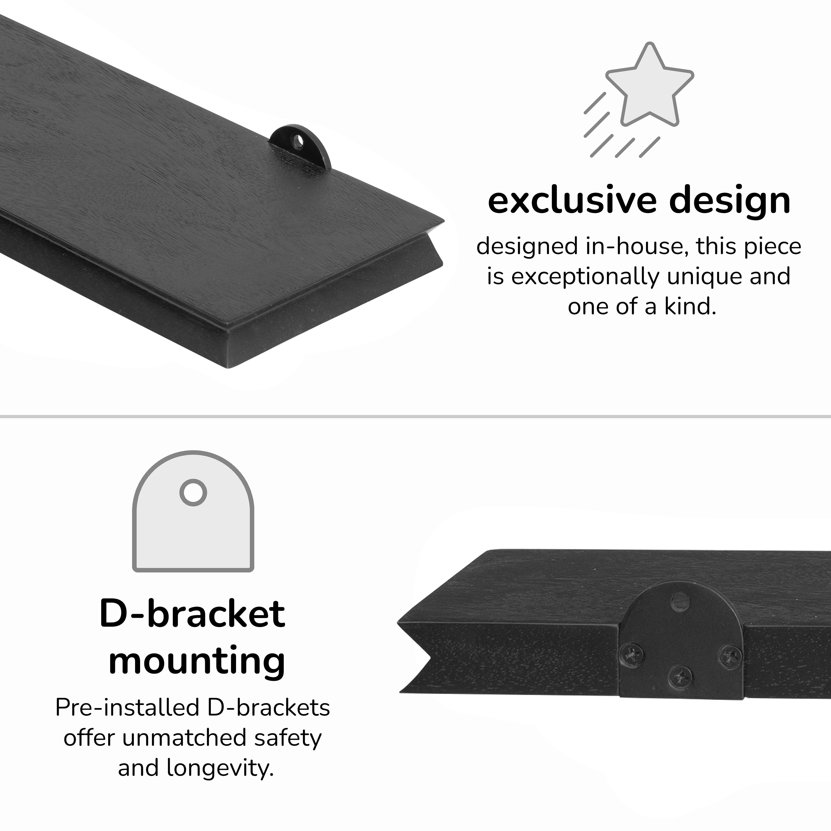 Hamish Solid Wood Black Wall Mounted Shelf - Large