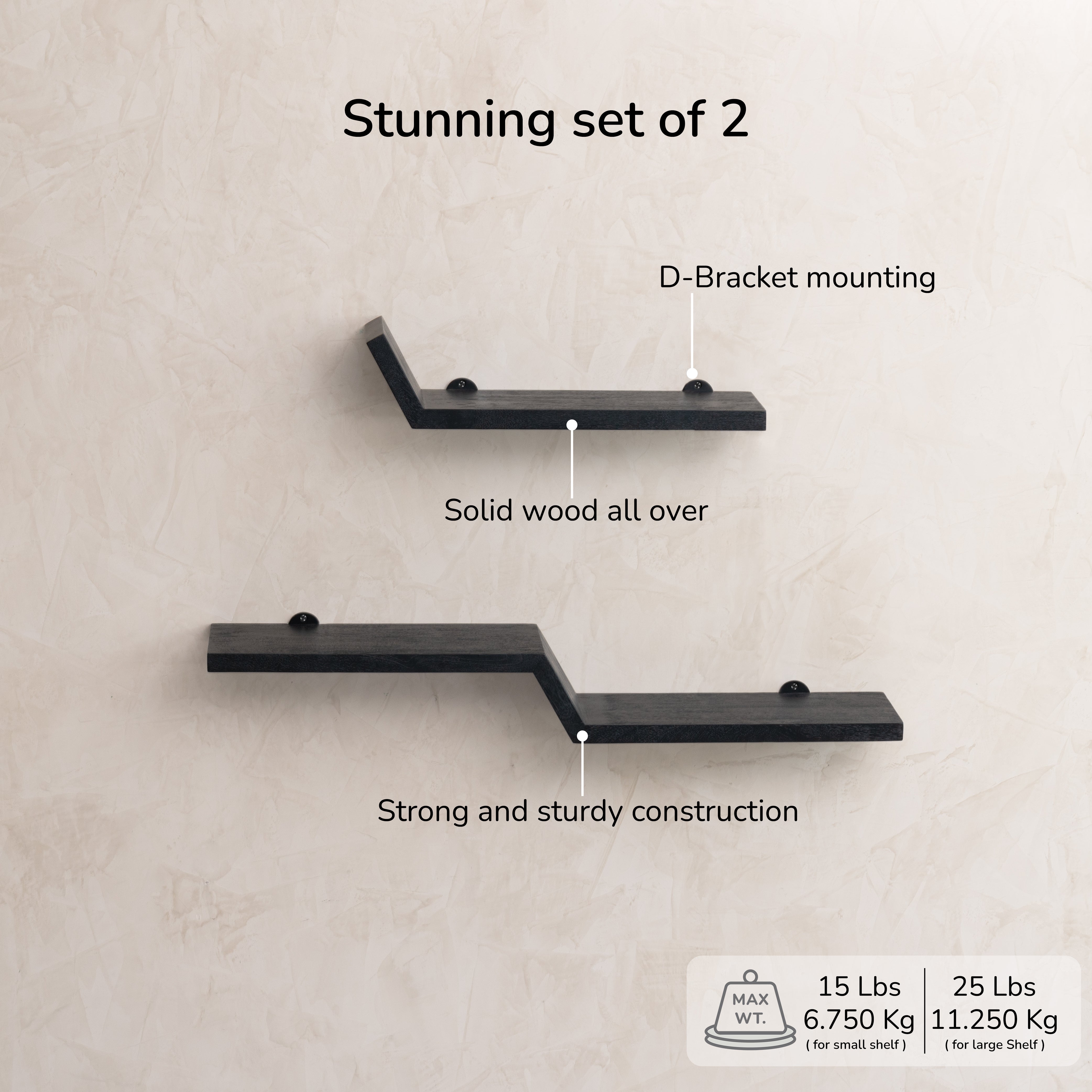 Penny Set of 2 Solid Wood Wall Mounted Shelves - Black