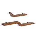 A set of two walnut solid wood wall mounted shelves in a St shape.