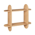 Blonde natural wooden shelf with a modern design on a white background