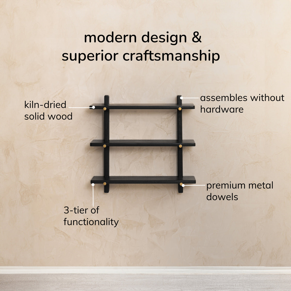 Oliver Solid Wood Wall Mounted Shelf  - Black