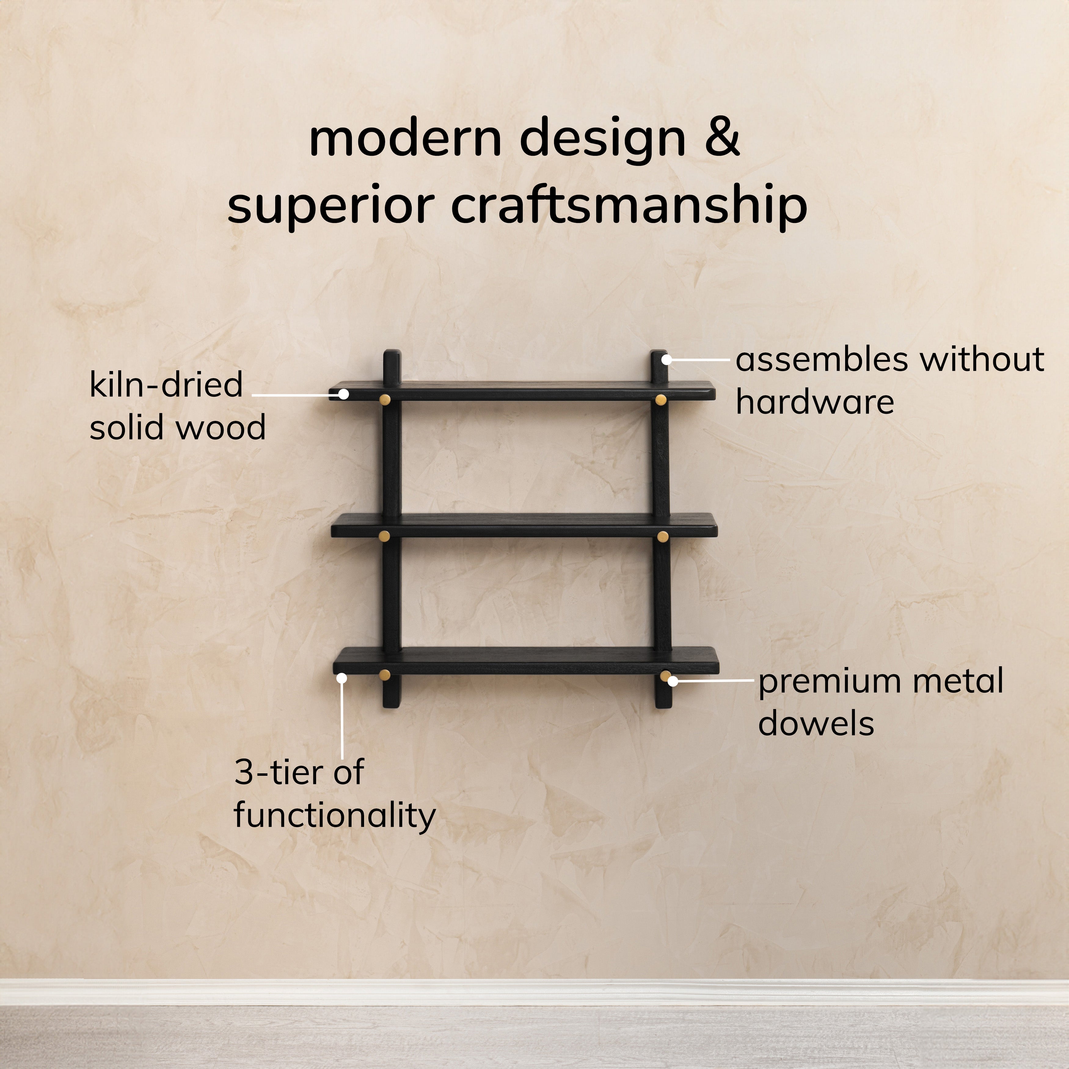 Oliver Solid Wood Wall Mounted Shelf  - Black