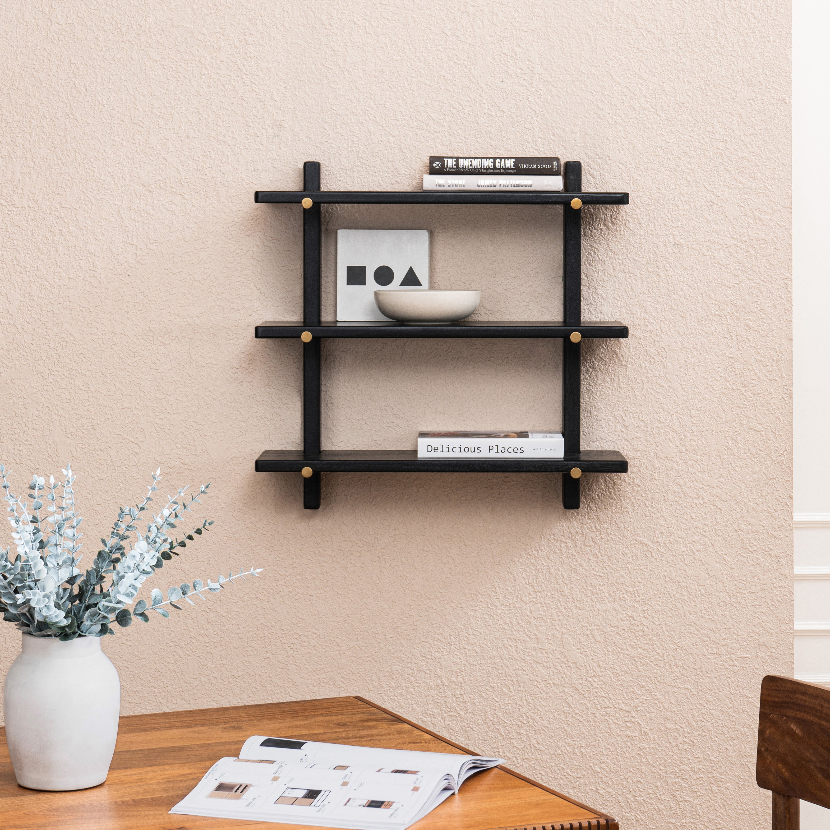 Oliver Solid Wood Wall Mounted Shelf - Black