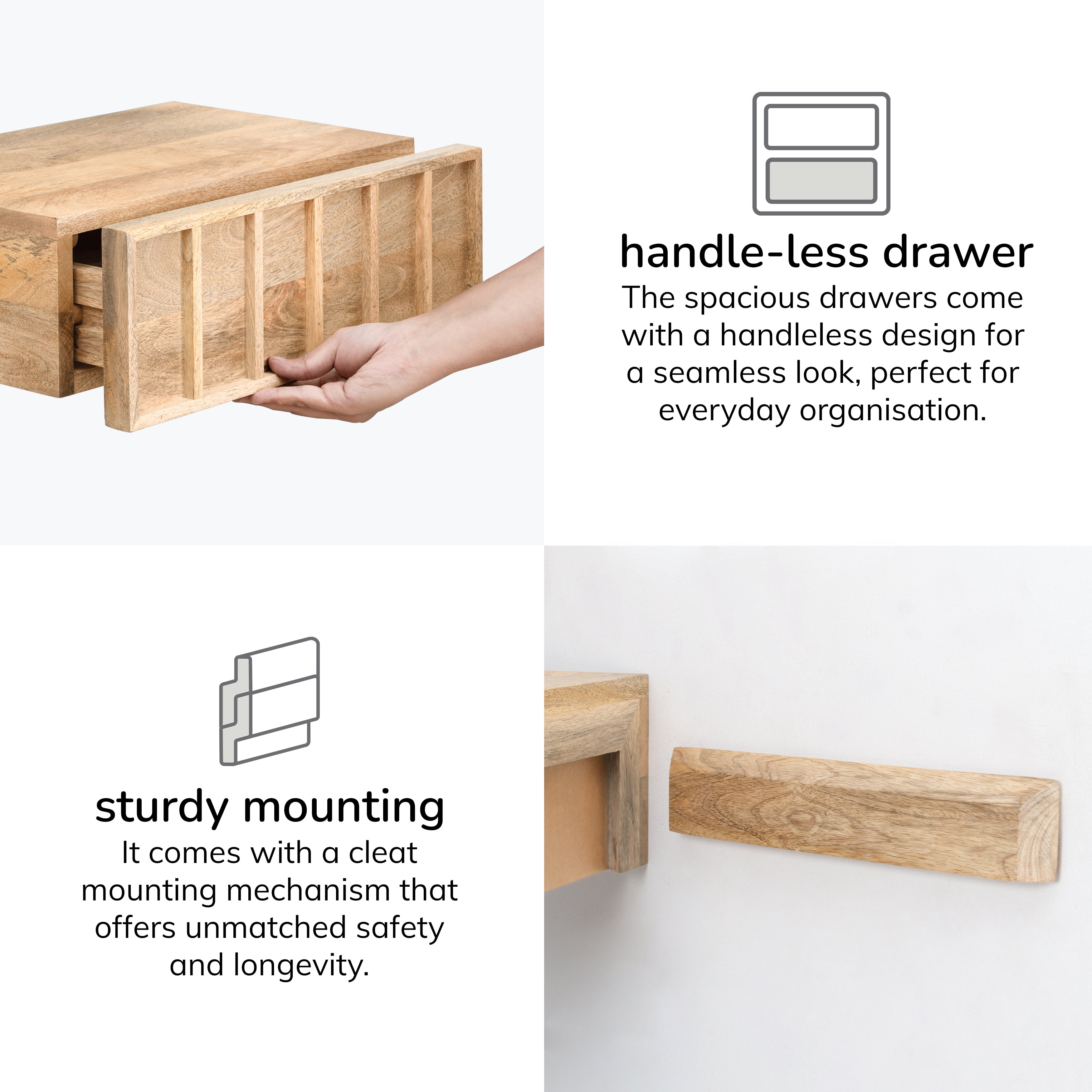 Arlo Solid Wood Floating Shelf with Drawer - Natural
