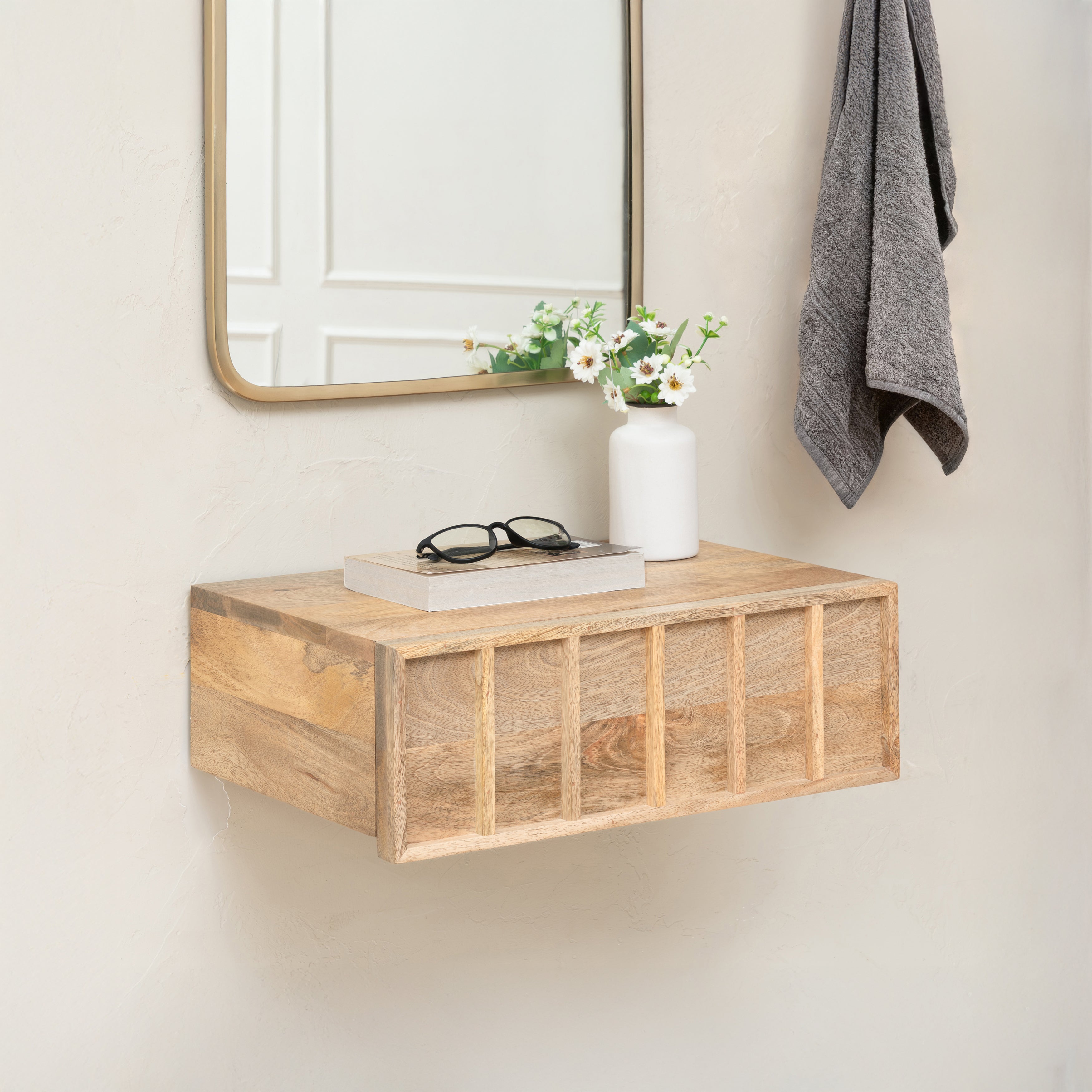 Arlo Solid Wood Floating Shelf with Drawer - Natural
