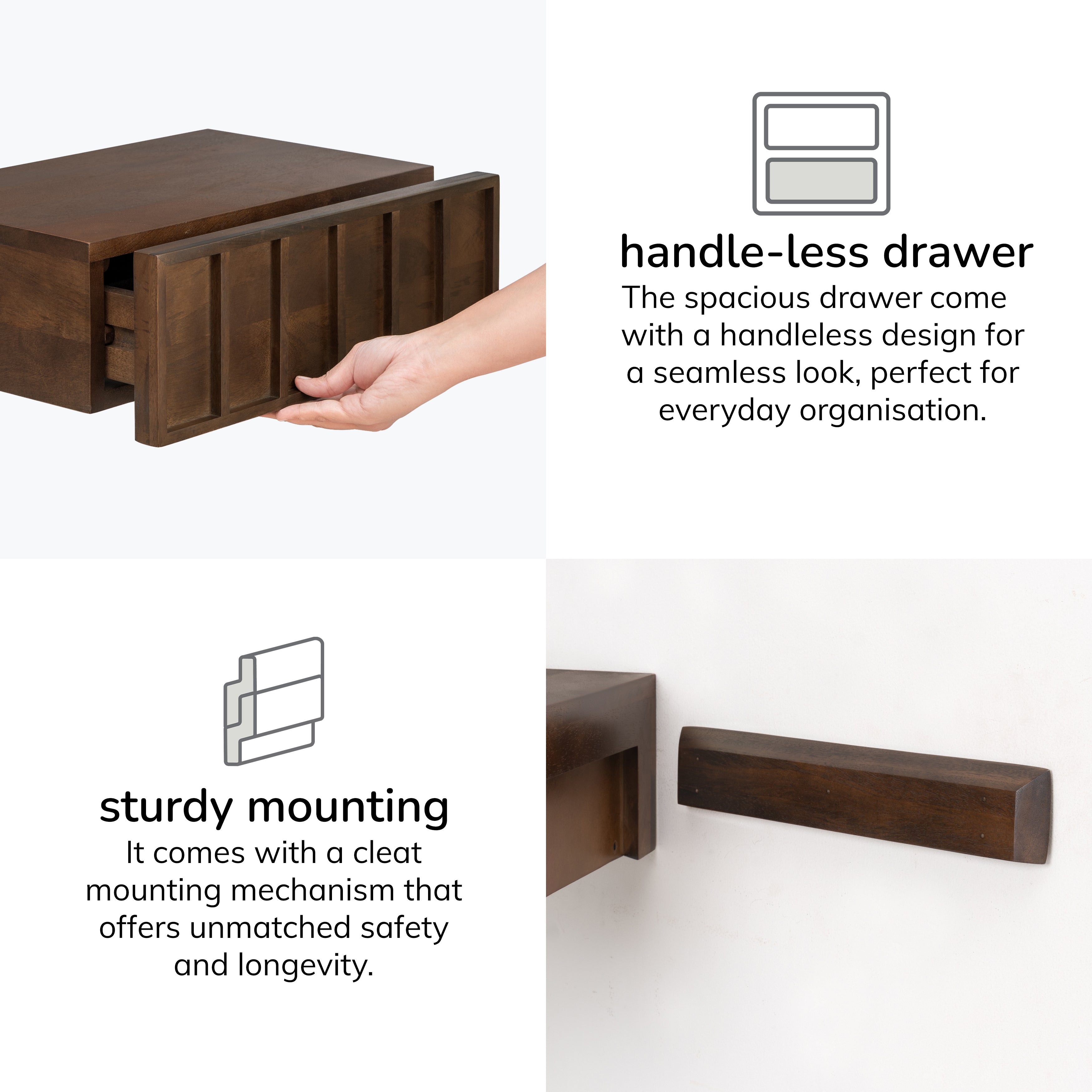 Arlo Solid Wood Floating Shelf with Drawer - Hazel Brown