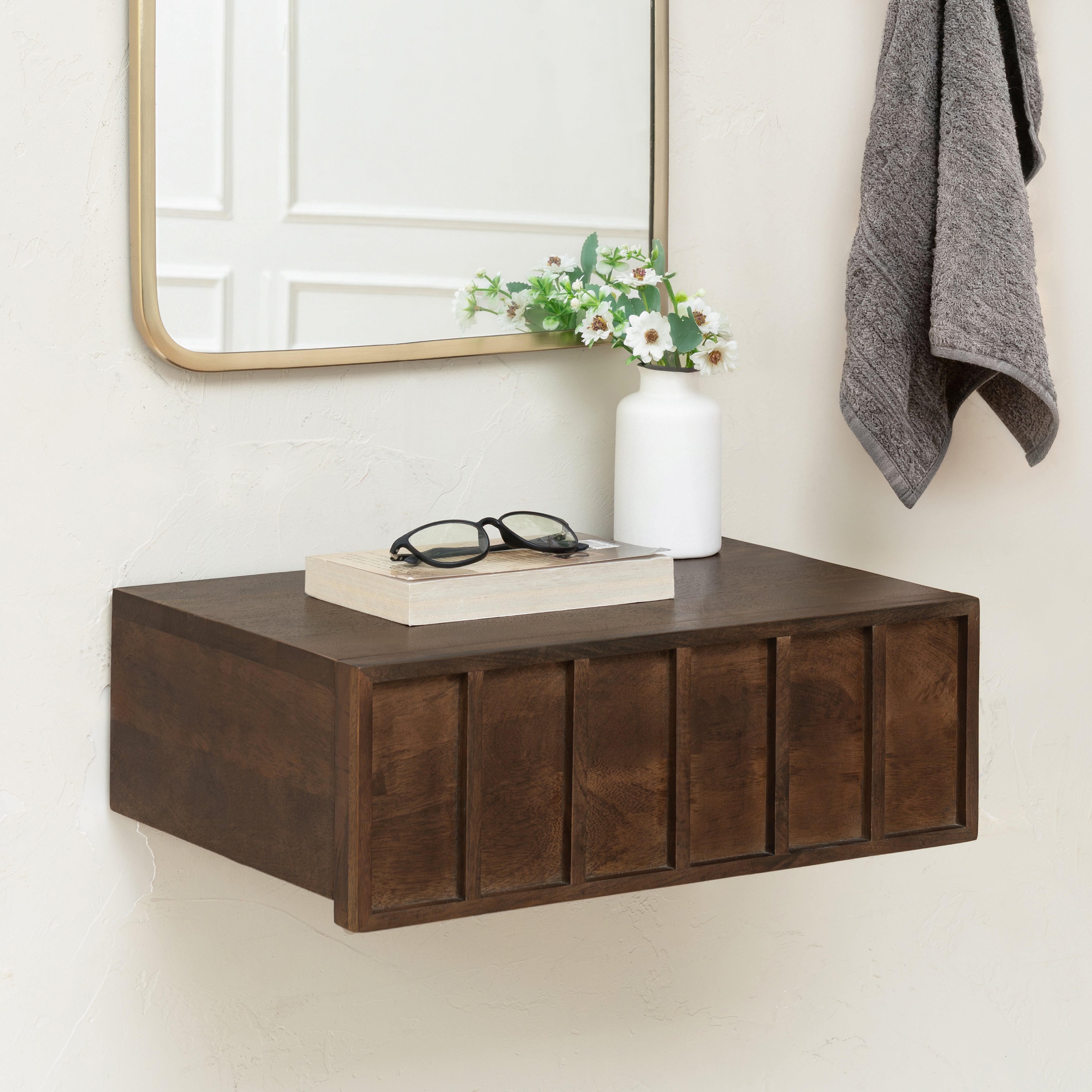 Arlo Solid Wood Floating Shelf with Drawer - Hazel Brown