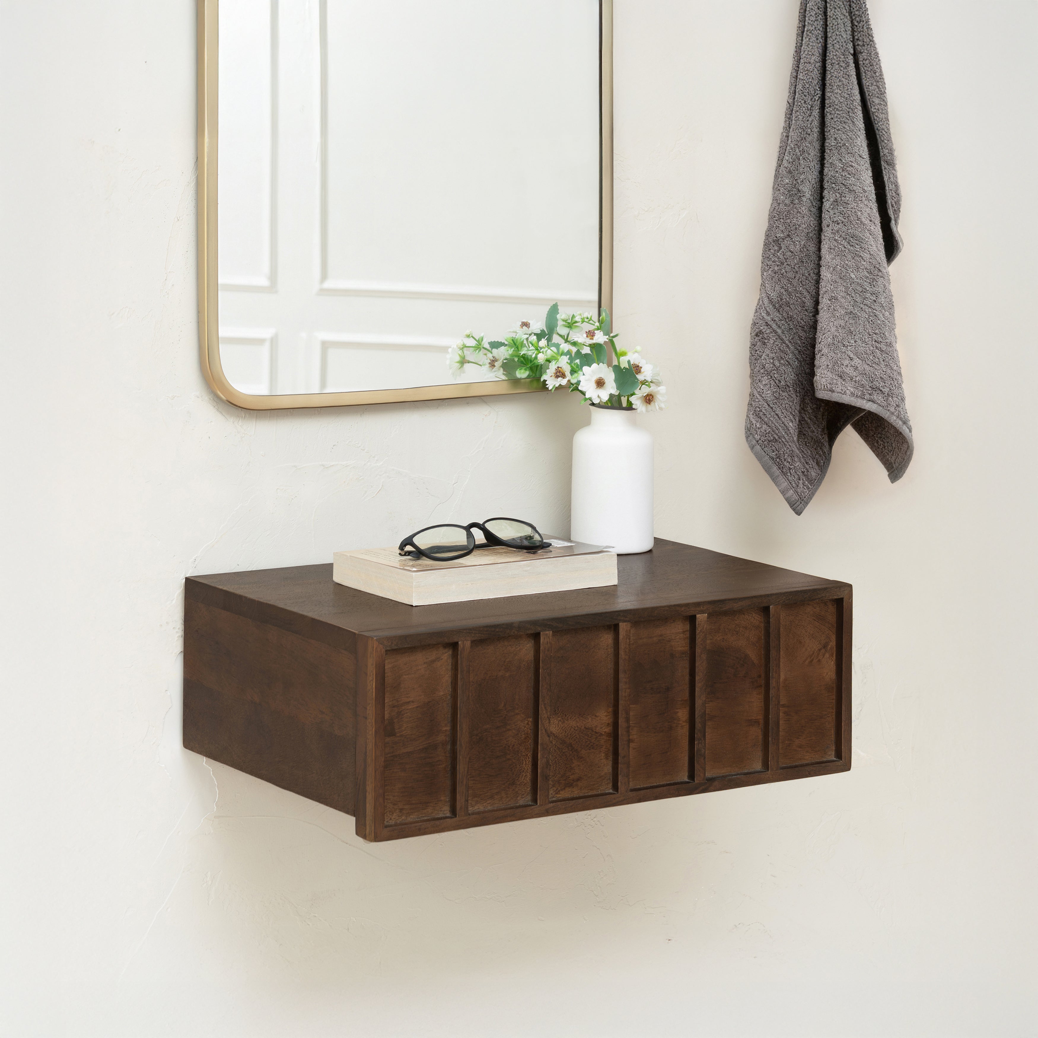 Arlo Solid Wood Floating Shelf with Drawer - Hazel Brown