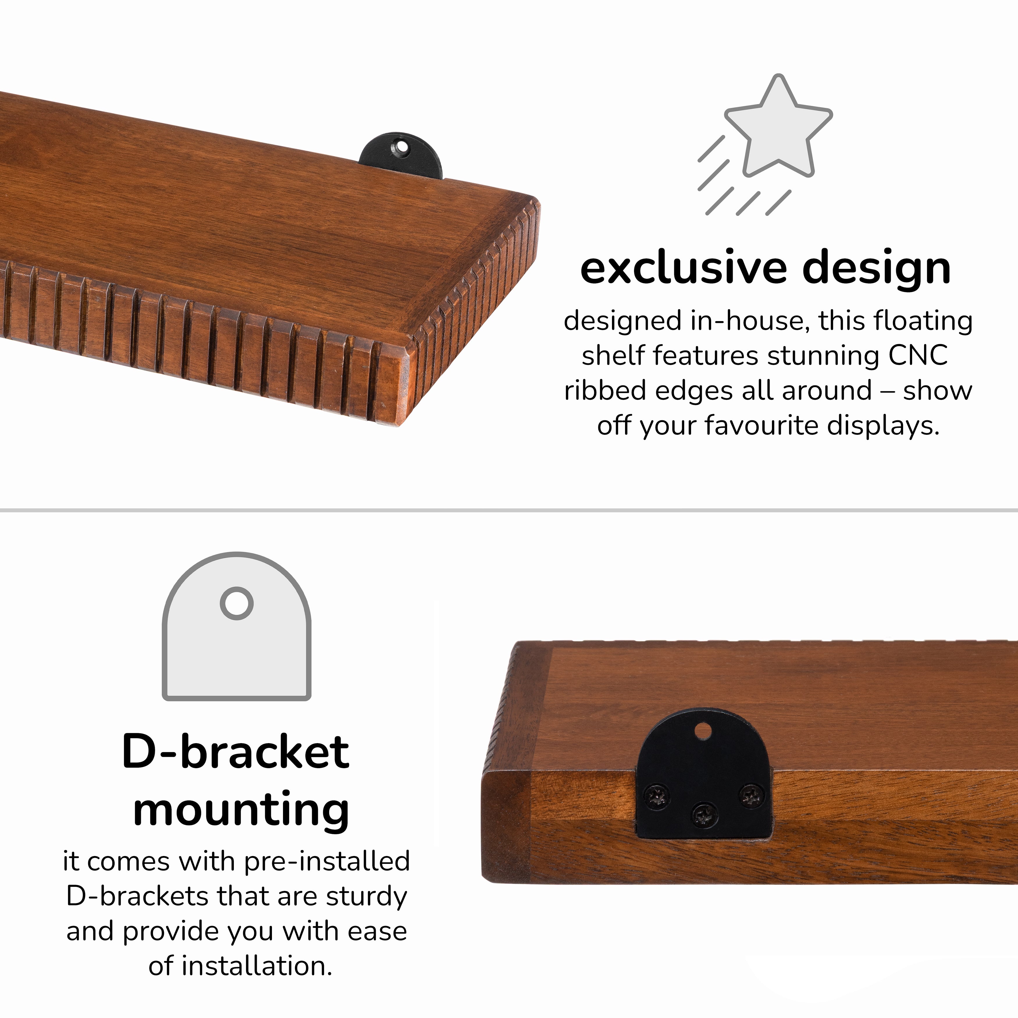 Ancona Solid Wood Wall Mounted Walnut Shelf - Large